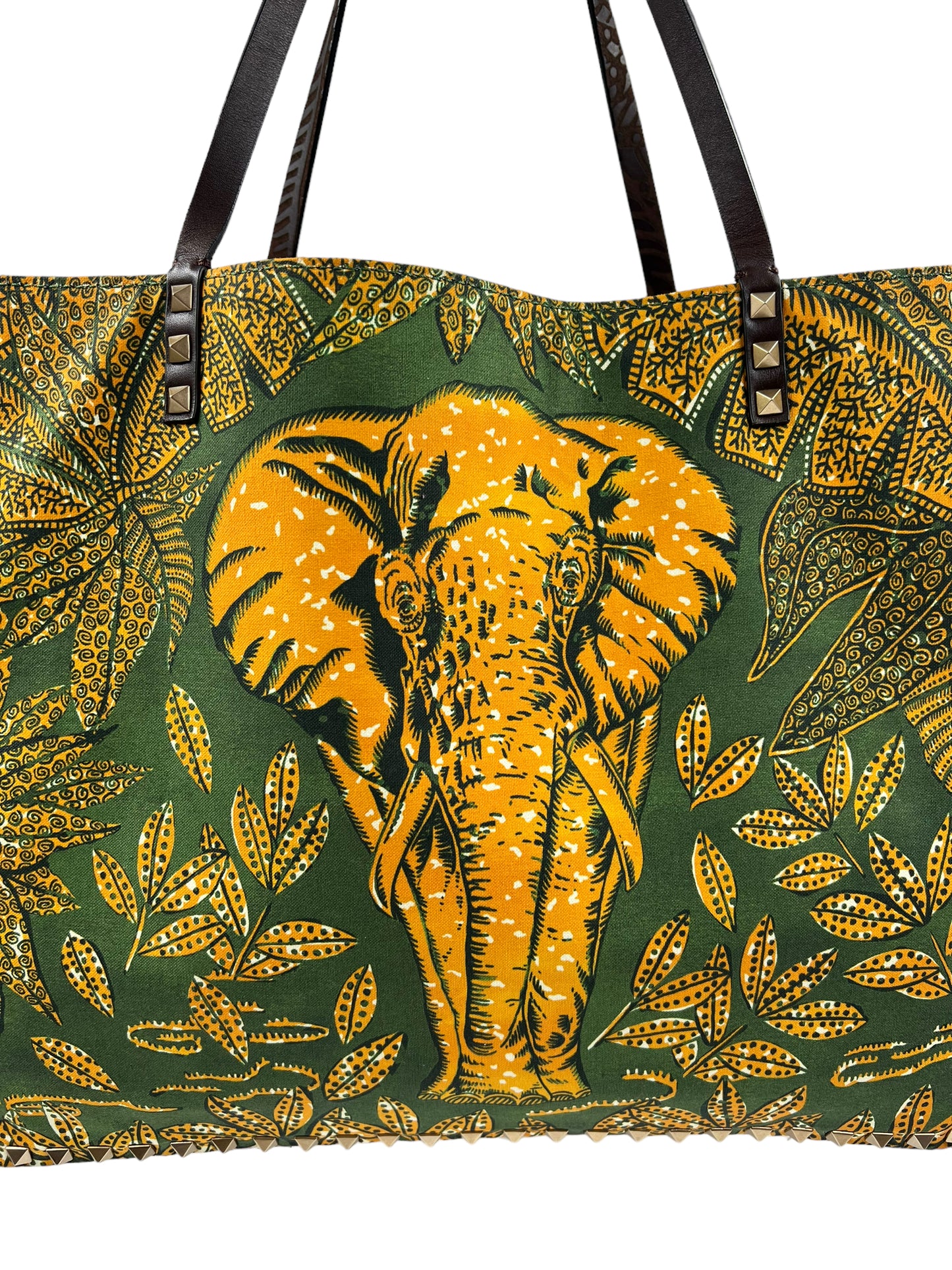 Valentino Garavani RARE Brown Leather Reversible Primitive Animal Elephant Studded Rockstud Tote