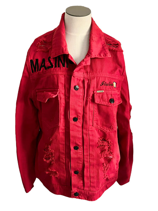 Posh Men's Size M Red Destructed Embroidered Denim Jacket