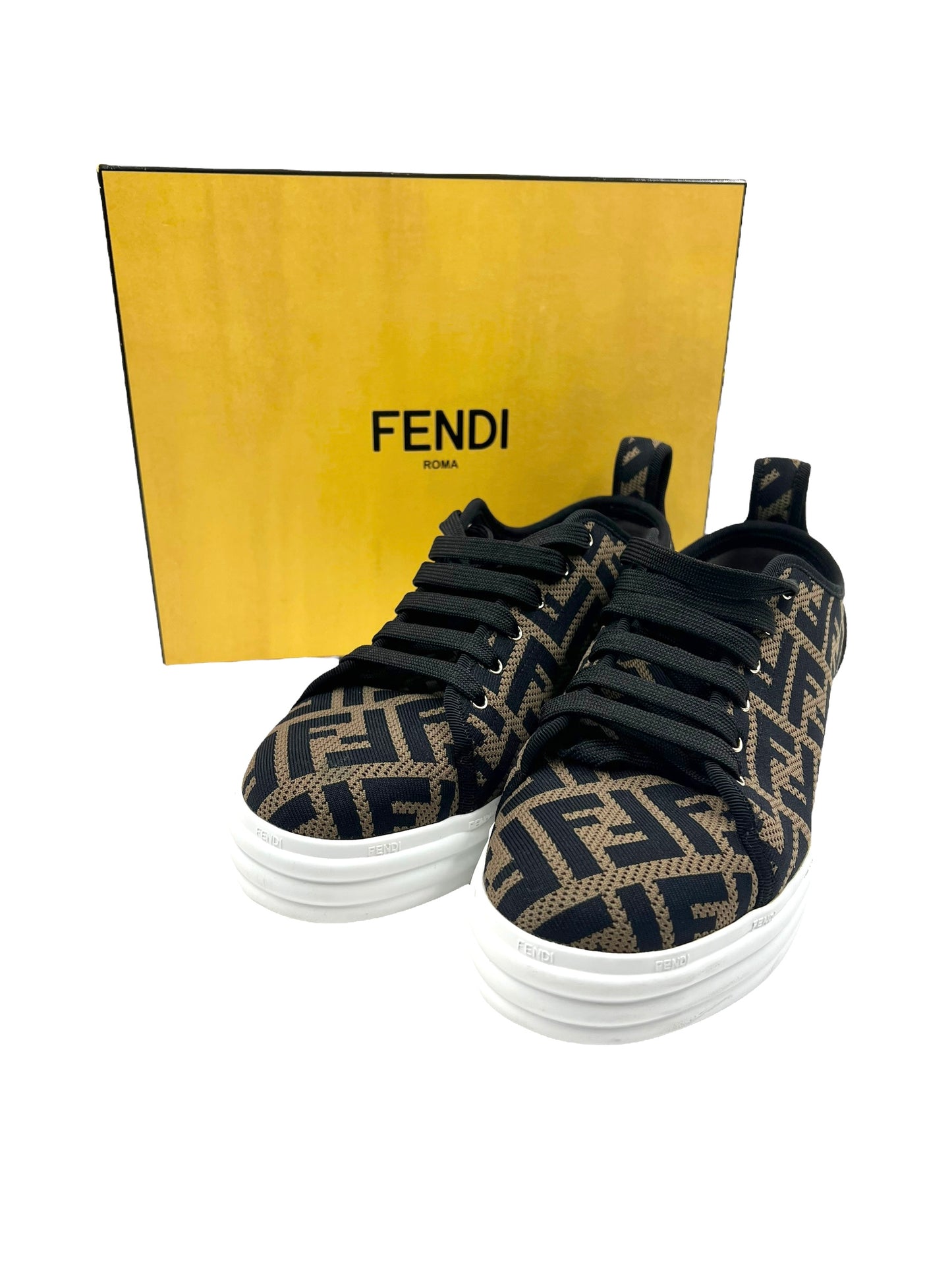 Fendi Size 41 Tobacco Black Perforated FF Logo Platform Sneakers