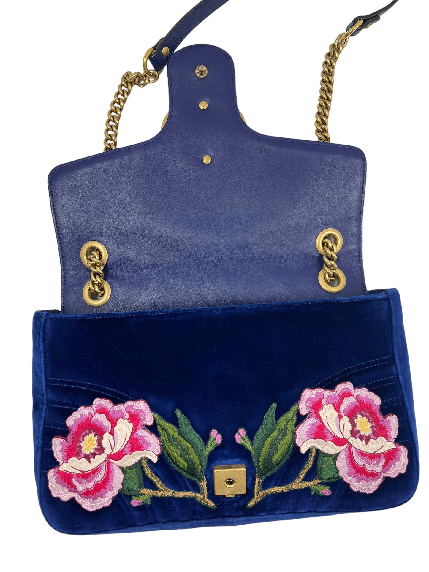 Gucci Blue Velvet Embroidered GG Modern Marmont Shoulder Bag