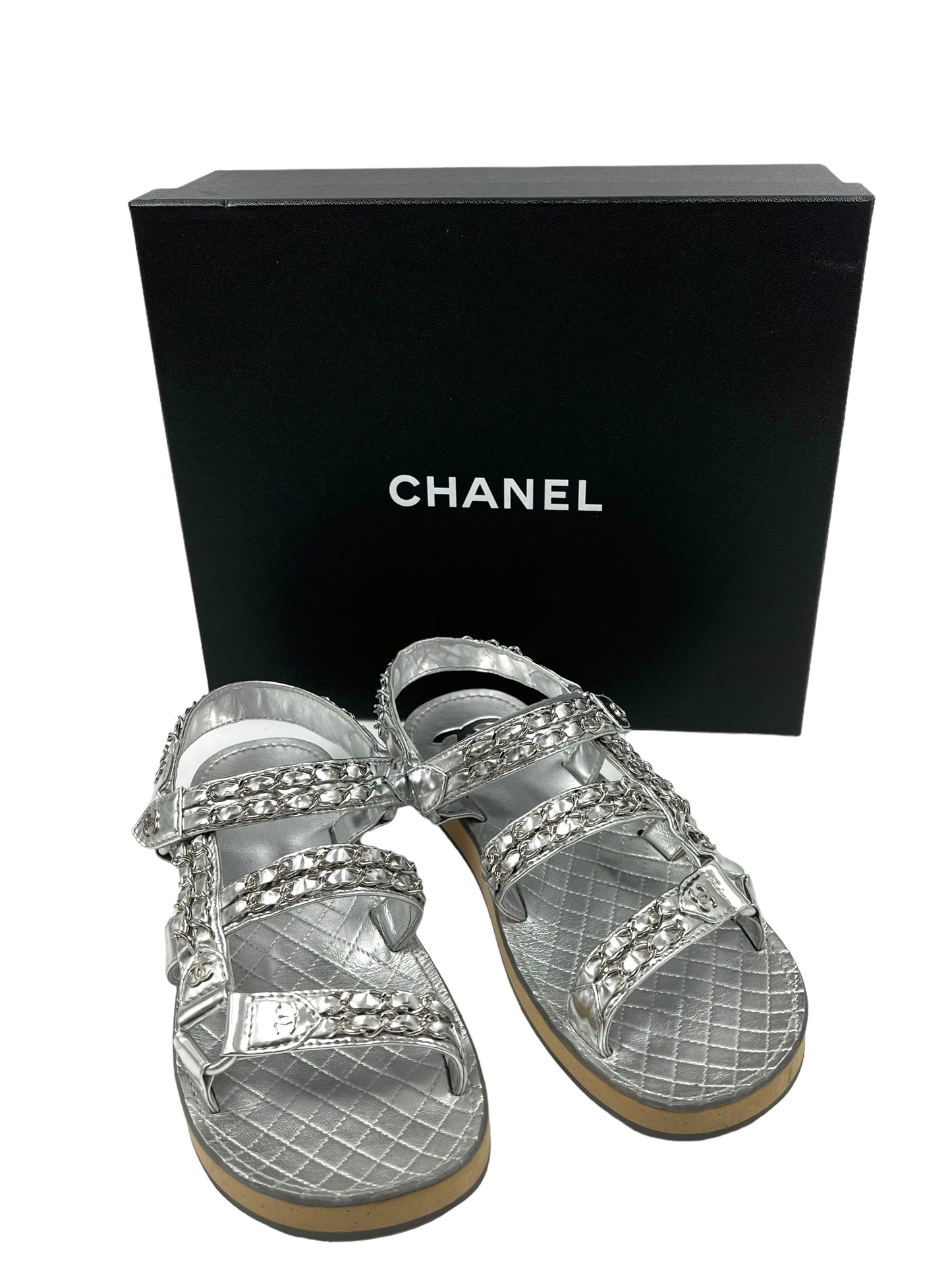 Chanel Size 39.5 Silver Leather Dad Chain Sandals