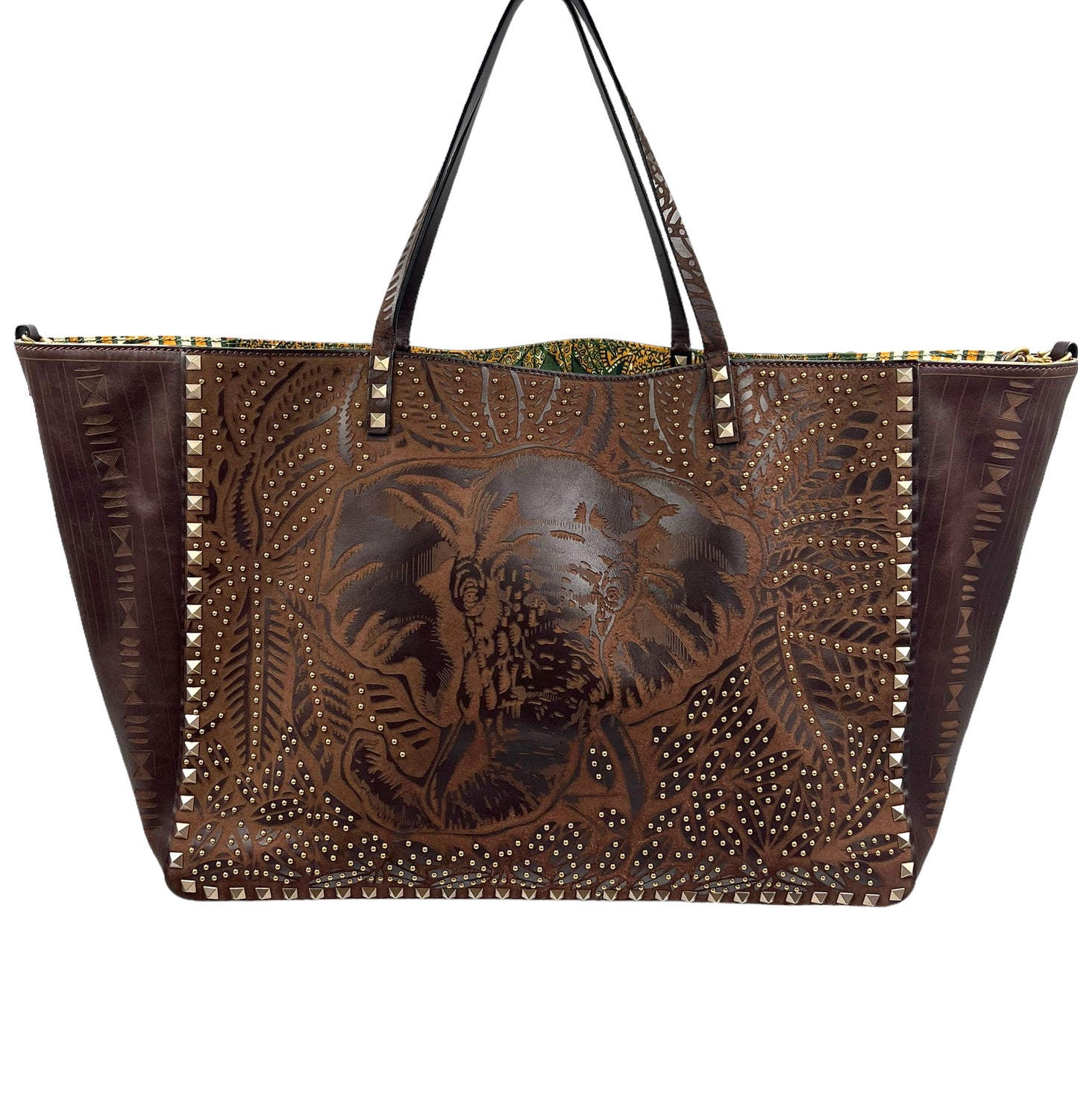 Valentino Garavani RARE Brown Leather Reversible Primitive Animal Elephant Studded Rockstud Tote
