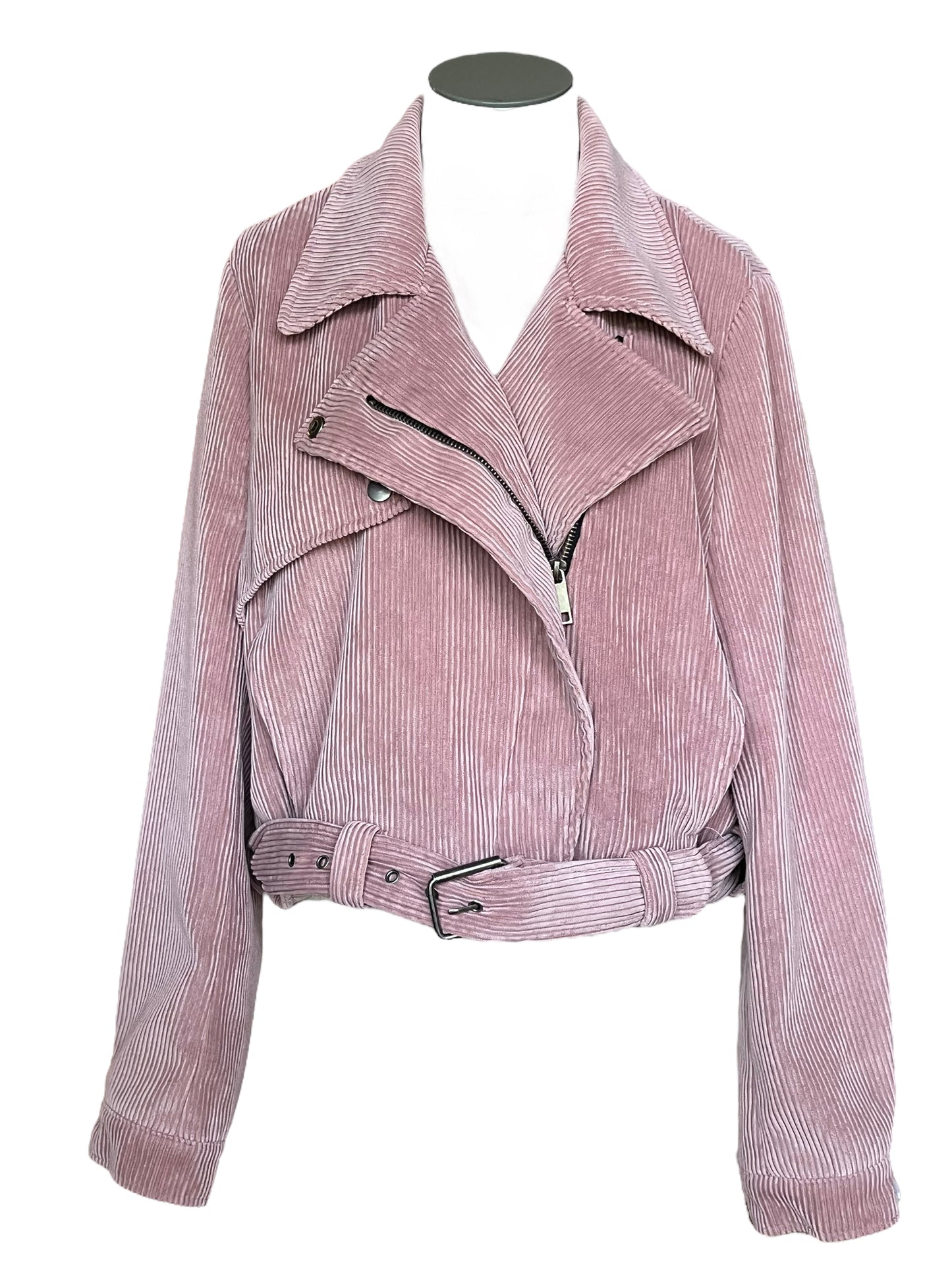 KZell Paris Size M Pink Corduroy Belted Crop Moto Jacket