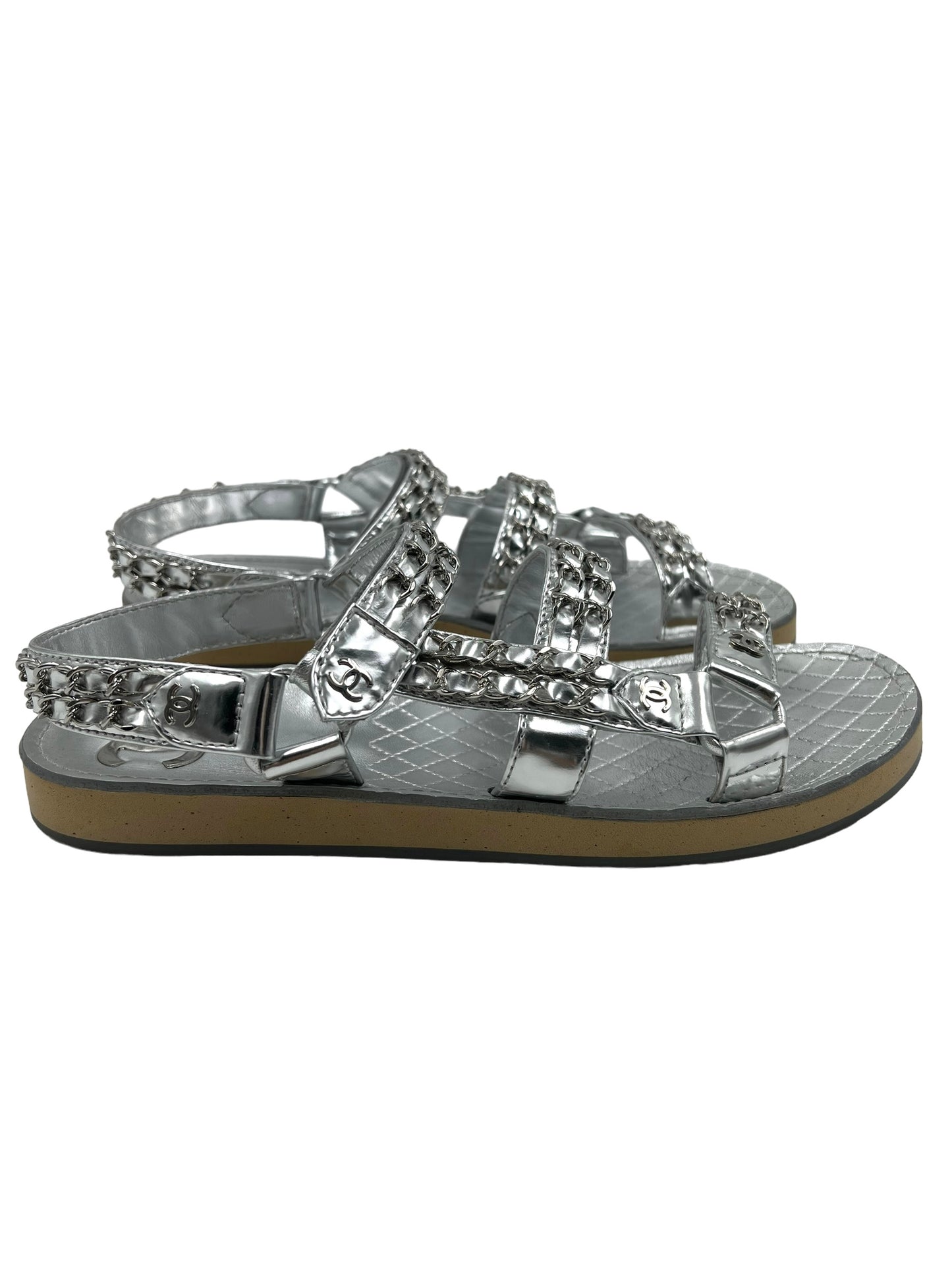 Chanel Size 39.5 Silver Leather Dad Chain Sandals