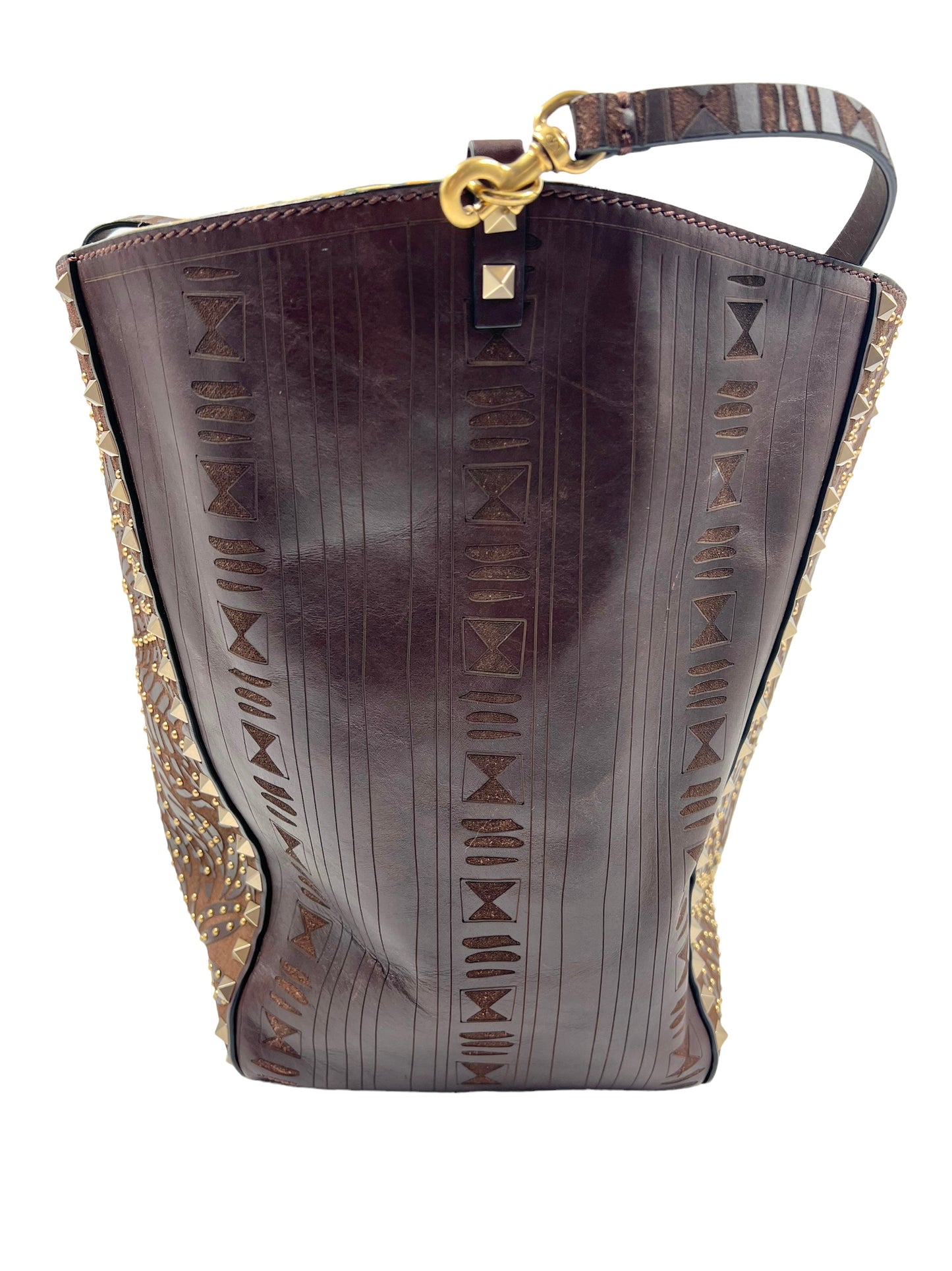 Valentino Garavani RARE Brown Leather Reversible Primitive Animal Elephant Studded Rockstud Tote