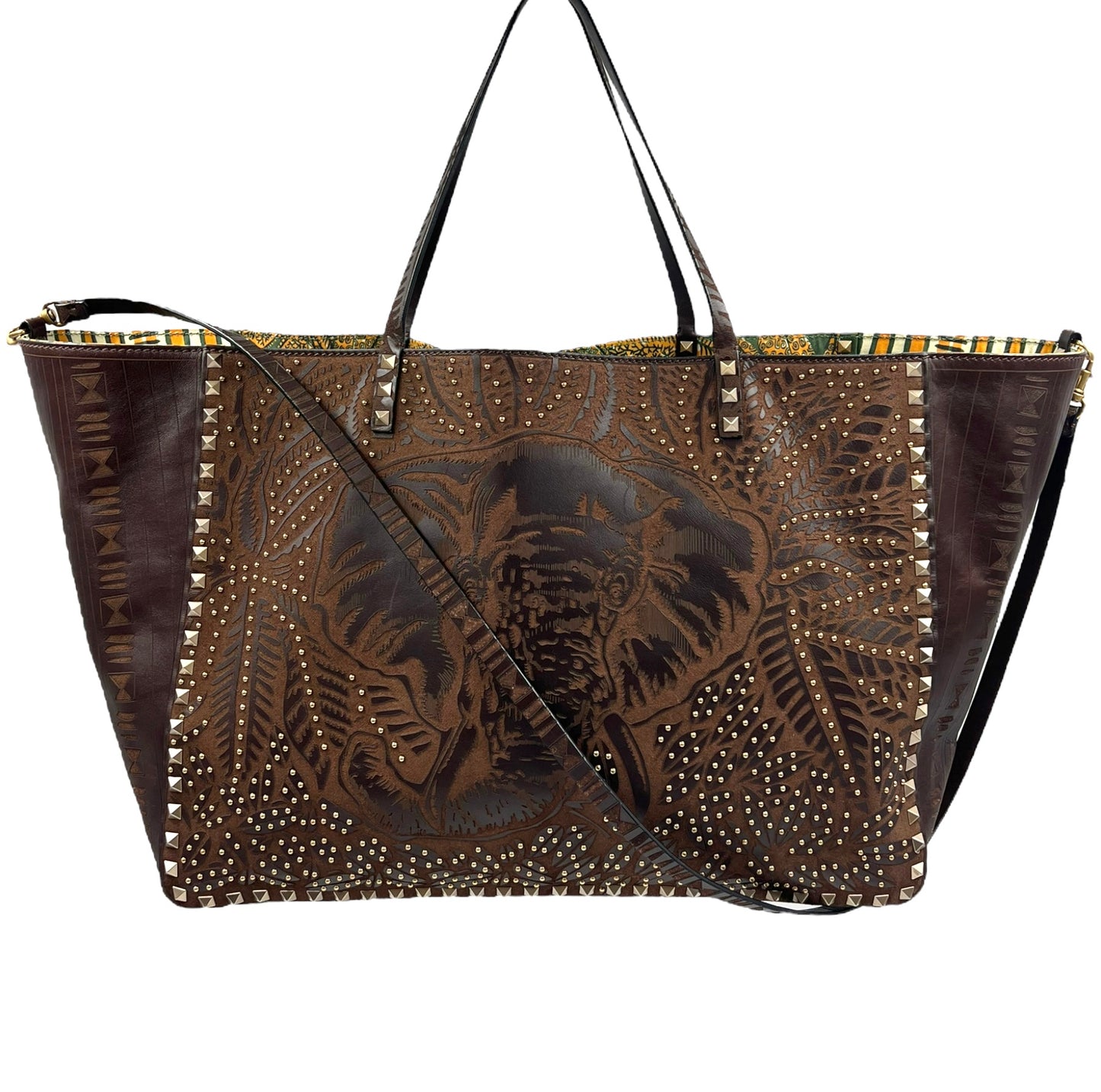 Valentino Garavani RARE Brown Leather Reversible Primitive Animal Elephant Studded Rockstud Tote