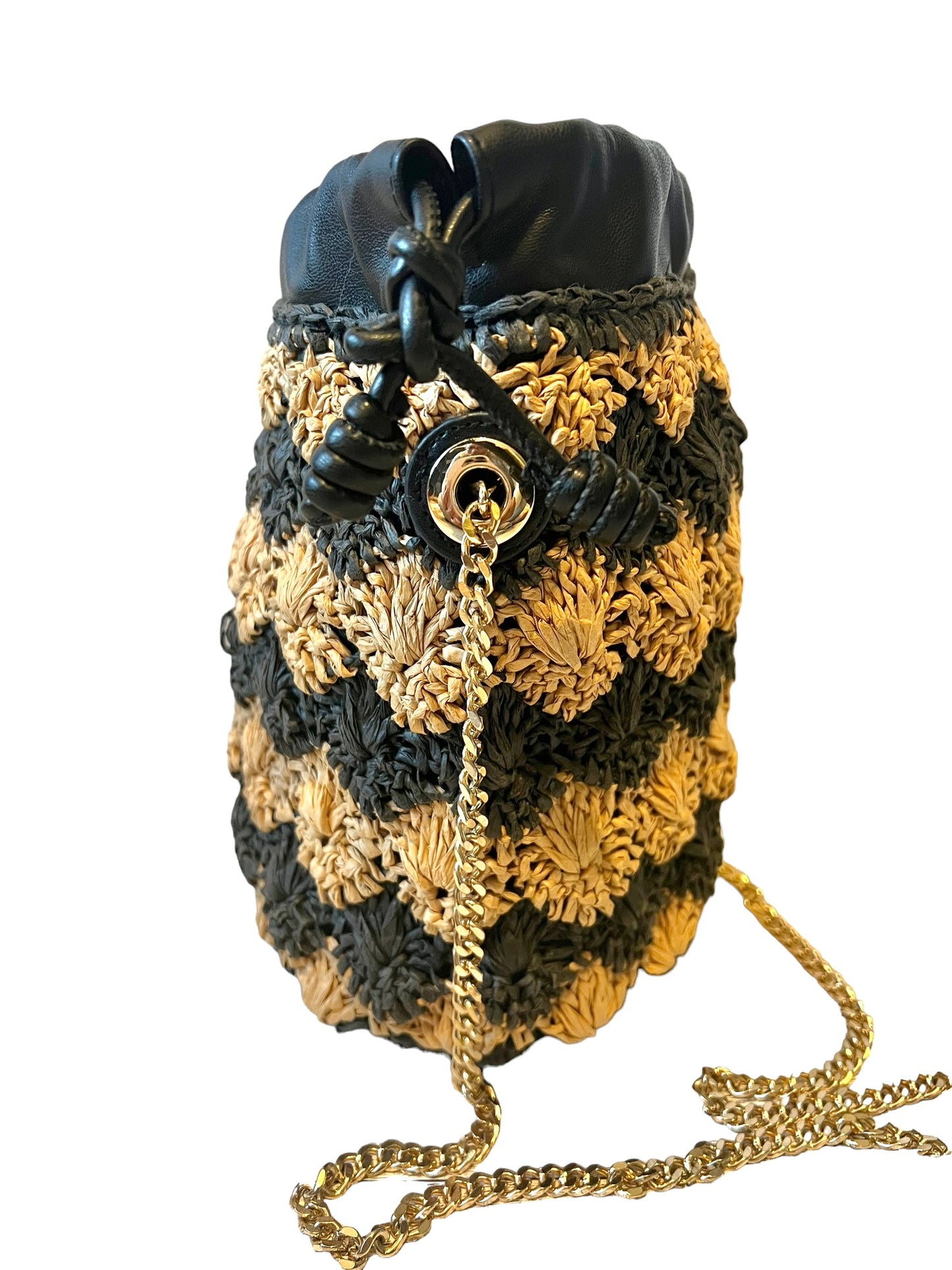 Zara Contrasting Raffia Mini Drawstring Chain Bucket Bag