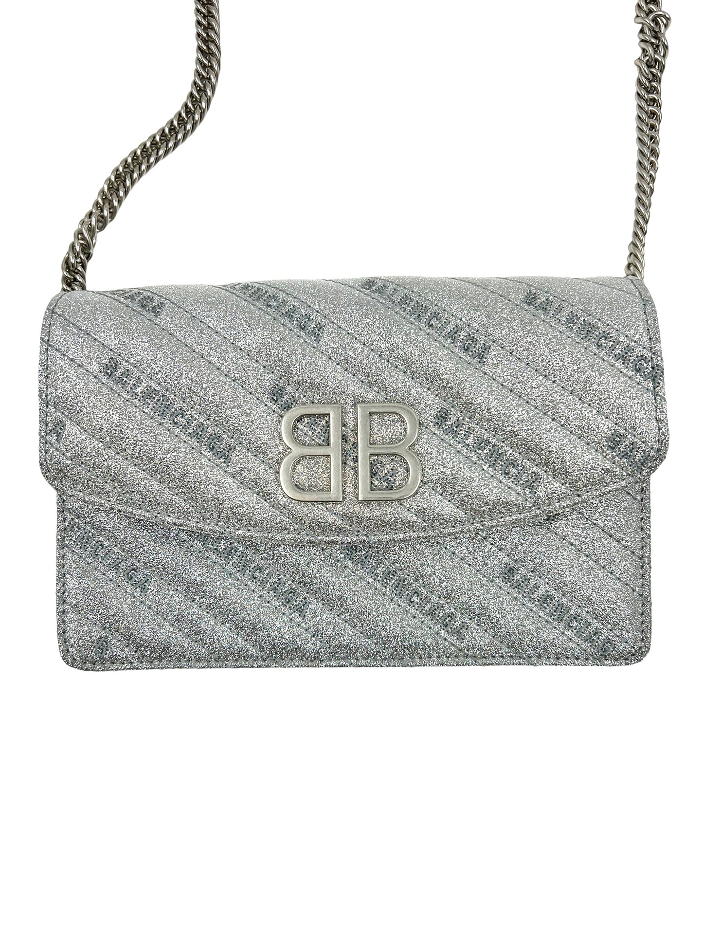 Balenciaga Silver Bb Chain Wallet Glitter Bag