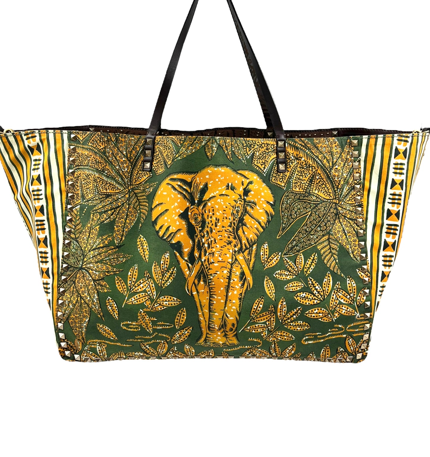 Valentino Garavani RARE Brown Leather Reversible Primitive Animal Elephant Studded Rockstud Tote