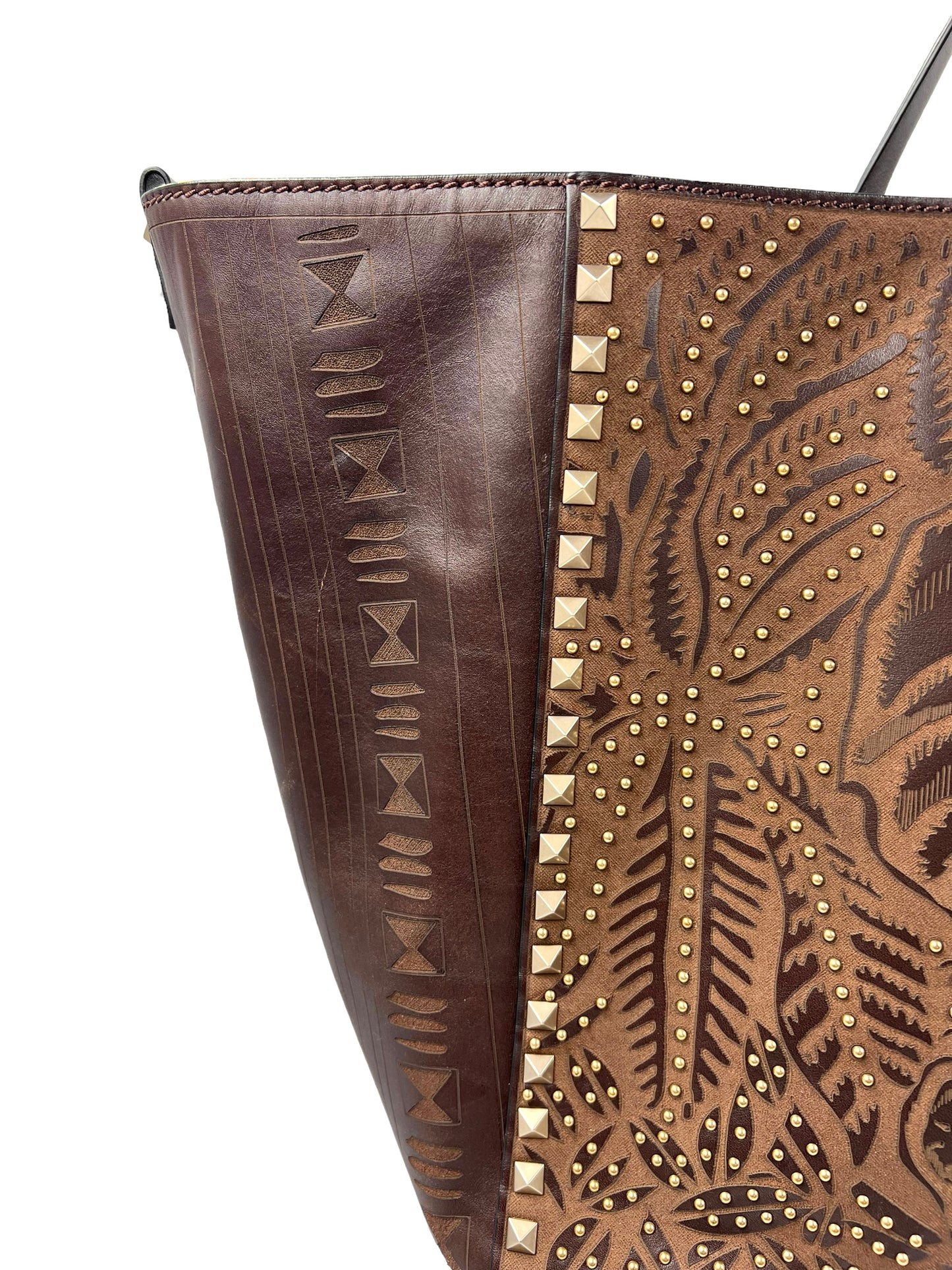 Valentino Garavani RARE Brown Leather Reversible Primitive Animal Elephant Studded Rockstud Tote