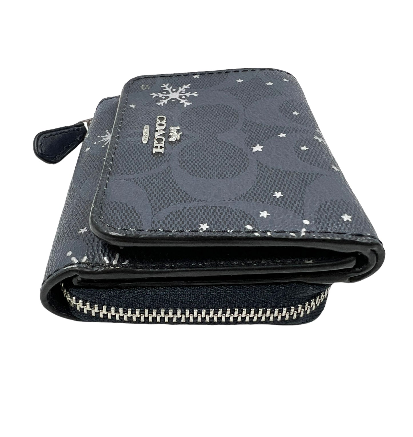 Coach Navy Small Signature Canvas Snowflake Print Trifold Wallet