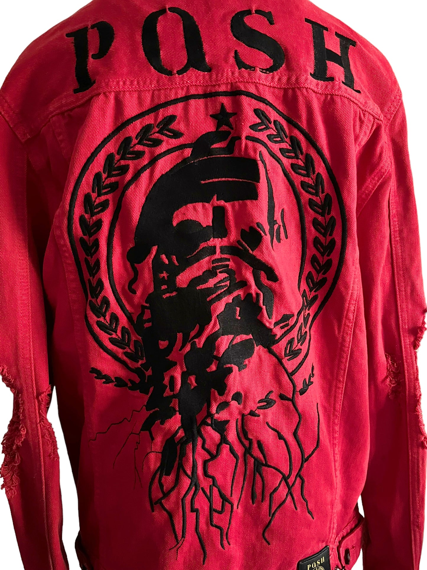 Posh Men's Size M Red Destructed Embroidered Denim Jacket