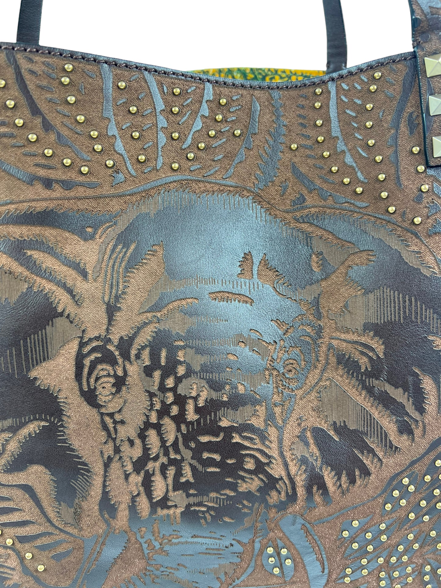 Valentino Garavani RARE Brown Leather Reversible Primitive Animal Elephant Studded Rockstud Tote