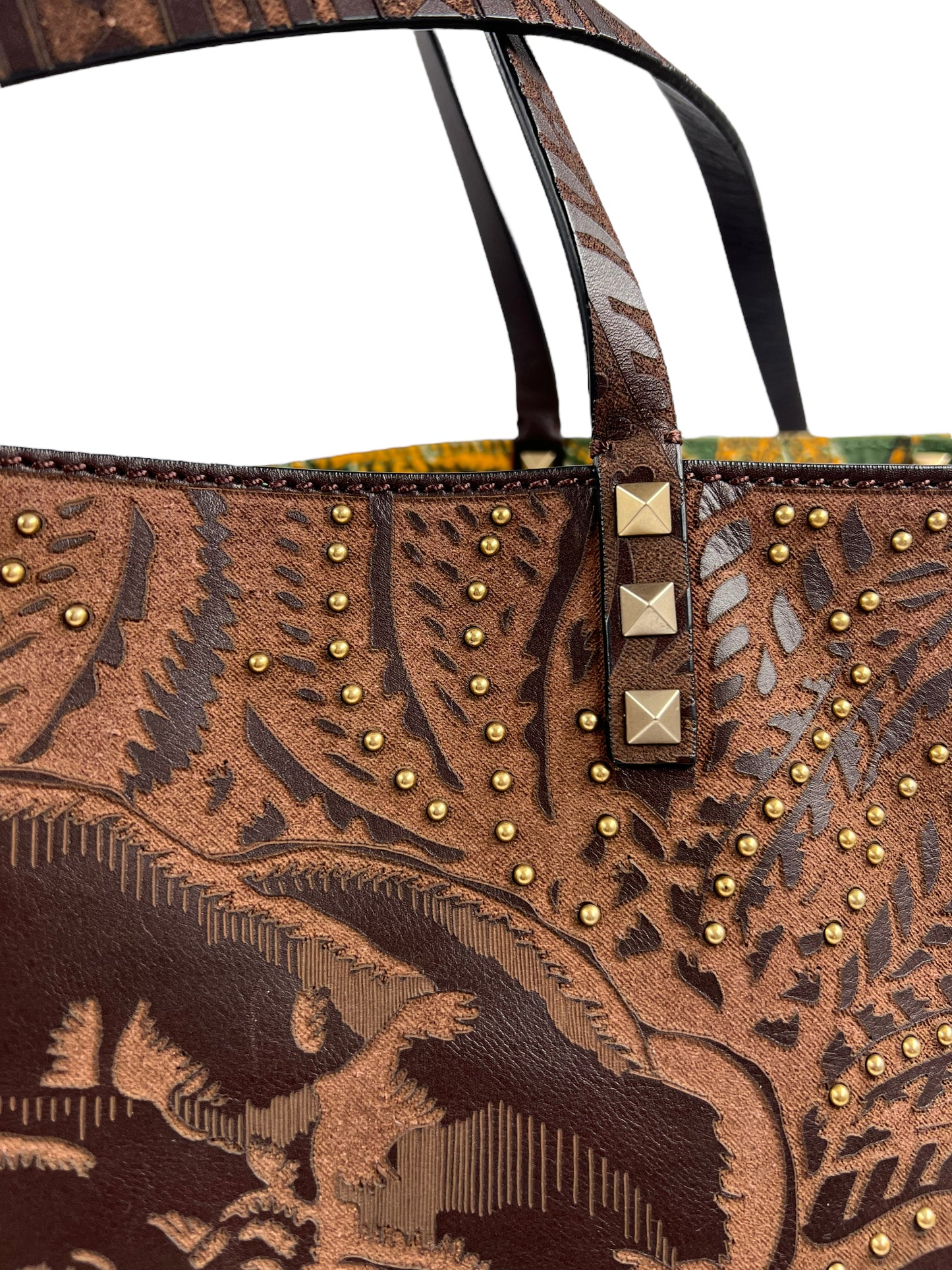 Valentino Garavani RARE Brown Leather Reversible Primitive Animal Elephant Studded Rockstud Tote