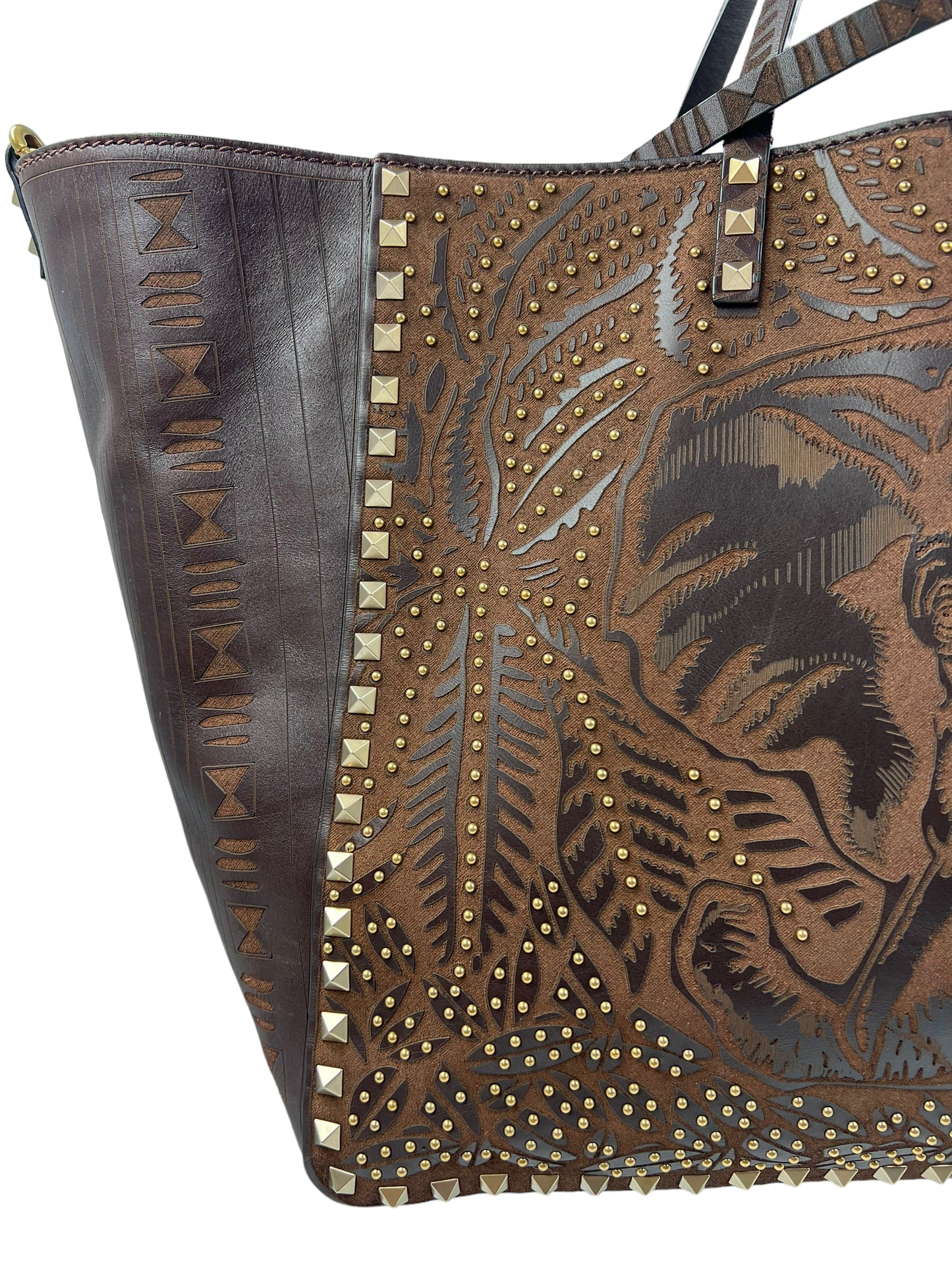 Valentino Garavani RARE Brown Leather Reversible Primitive Animal Elephant Studded Rockstud Tote