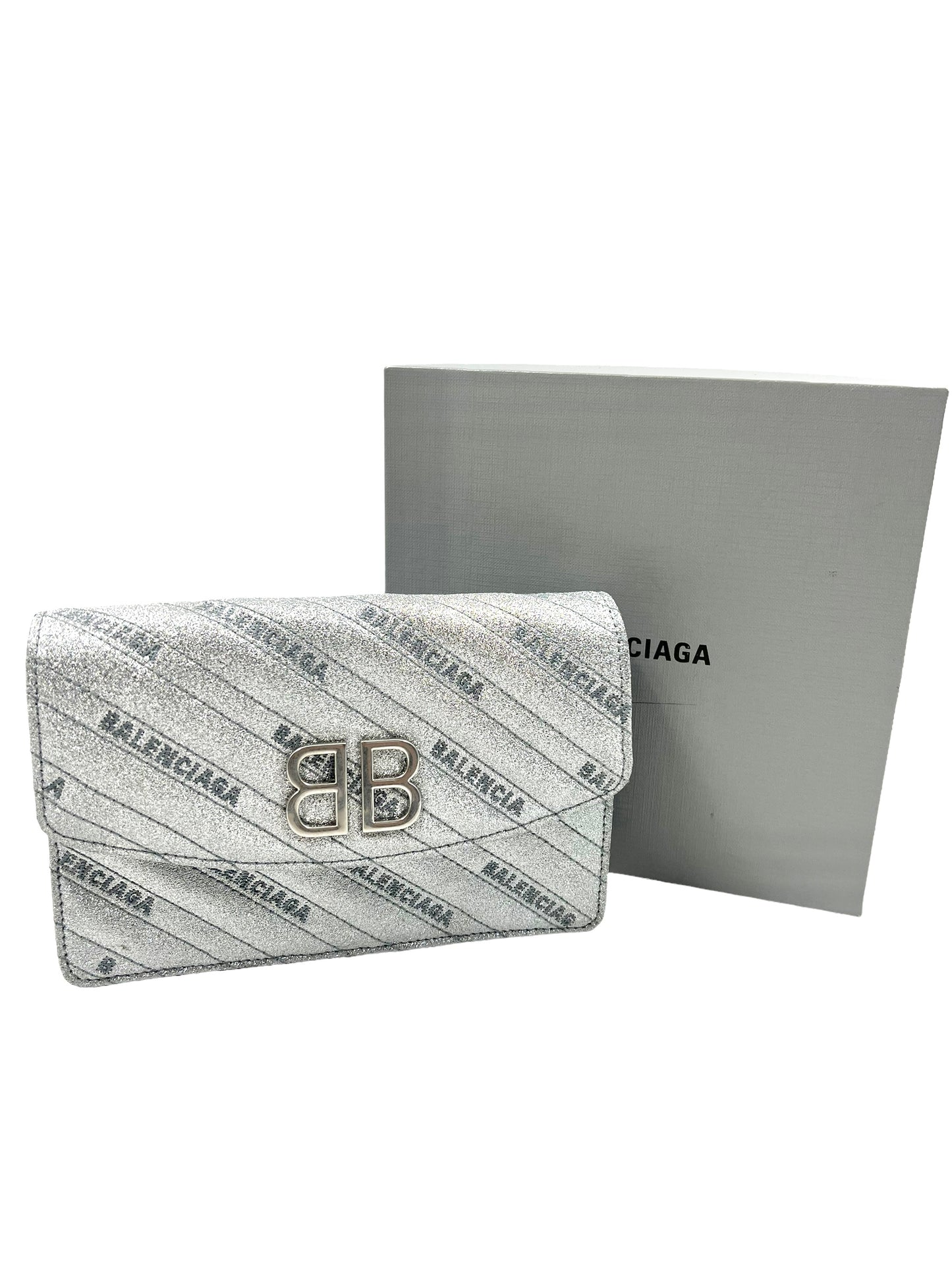 Balenciaga Silver Bb Chain Wallet Glitter Bag