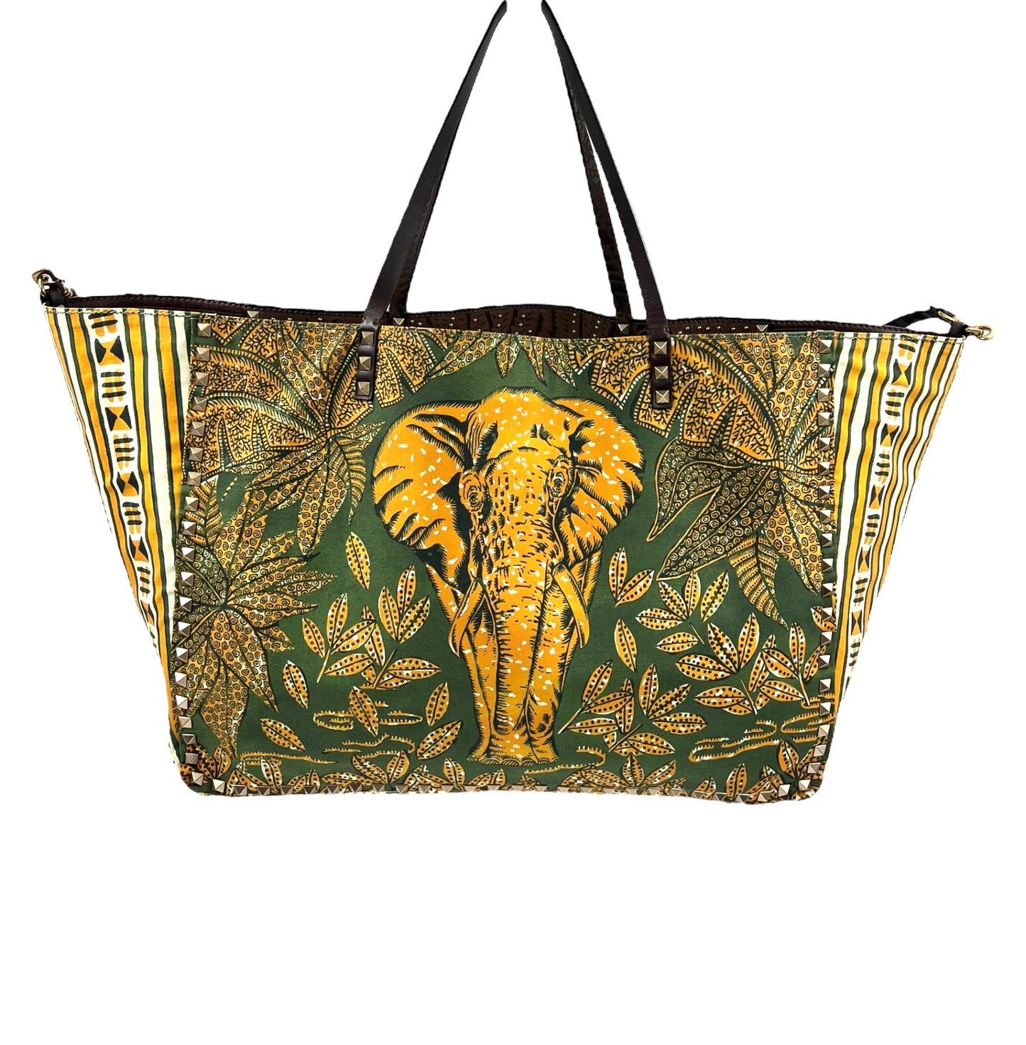 Valentino Garavani RARE Brown Leather Reversible Primitive Animal Elephant Studded Rockstud Tote