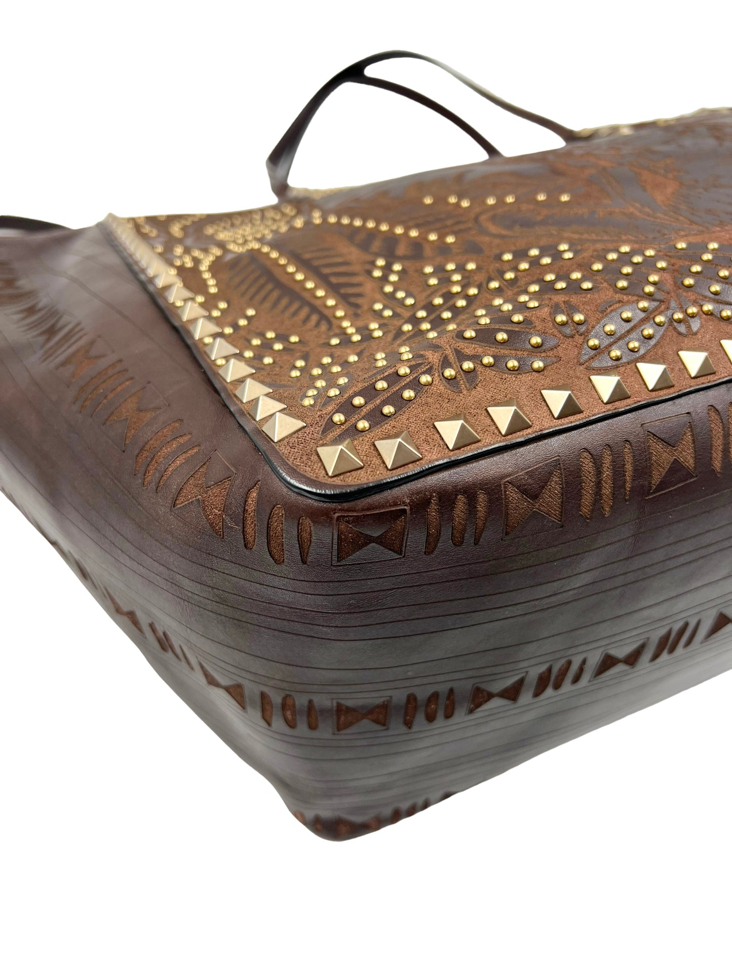 Valentino Garavani RARE Brown Leather Reversible Primitive Animal Elephant Studded Rockstud Tote