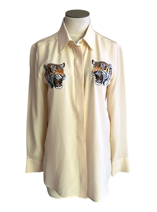 Stella McCartney Silk Crepe Tiger Embroidered Arlo Size 36 Button Down Shirt