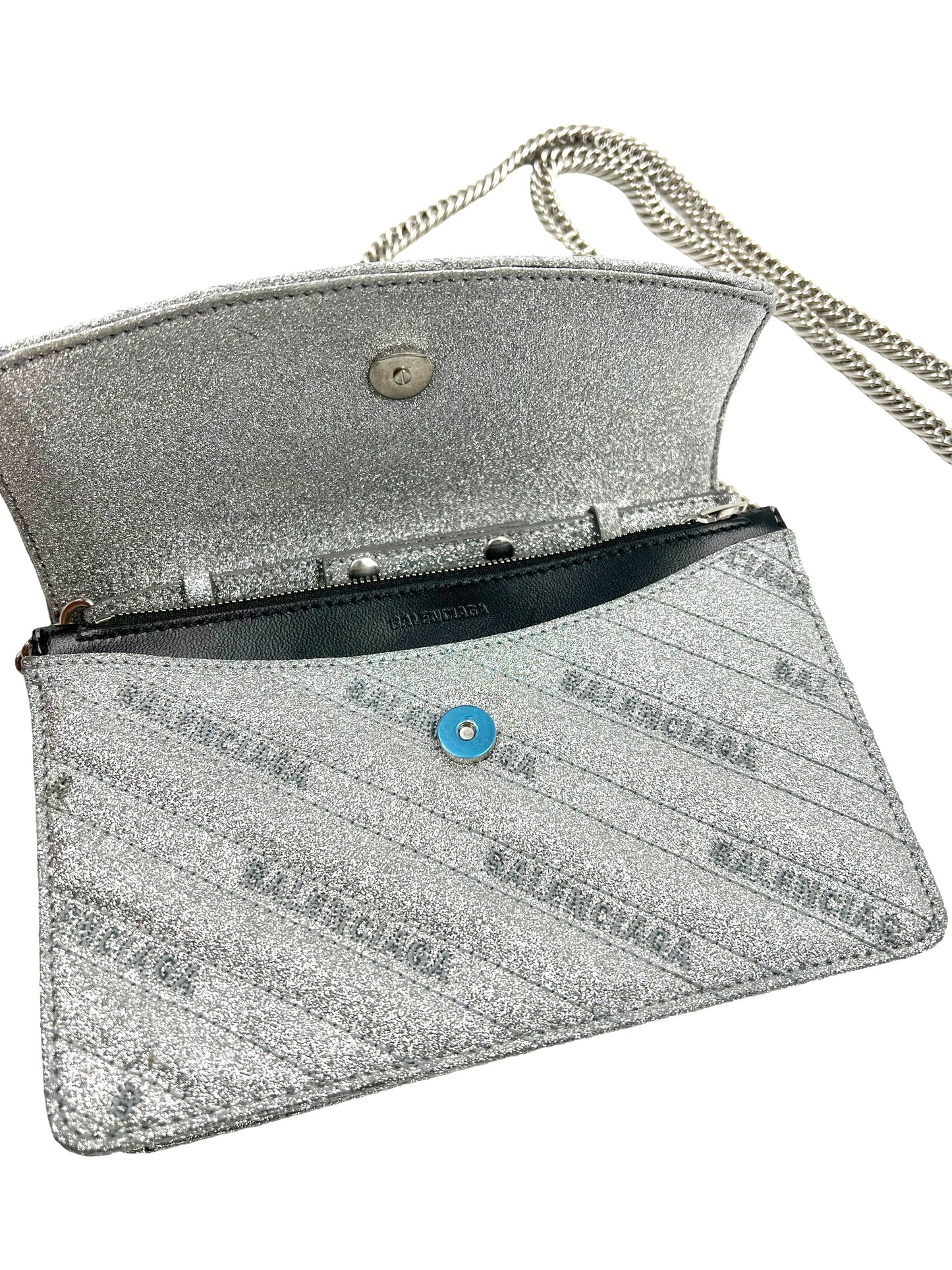 Balenciaga Silver Bb Chain Wallet Glitter Bag