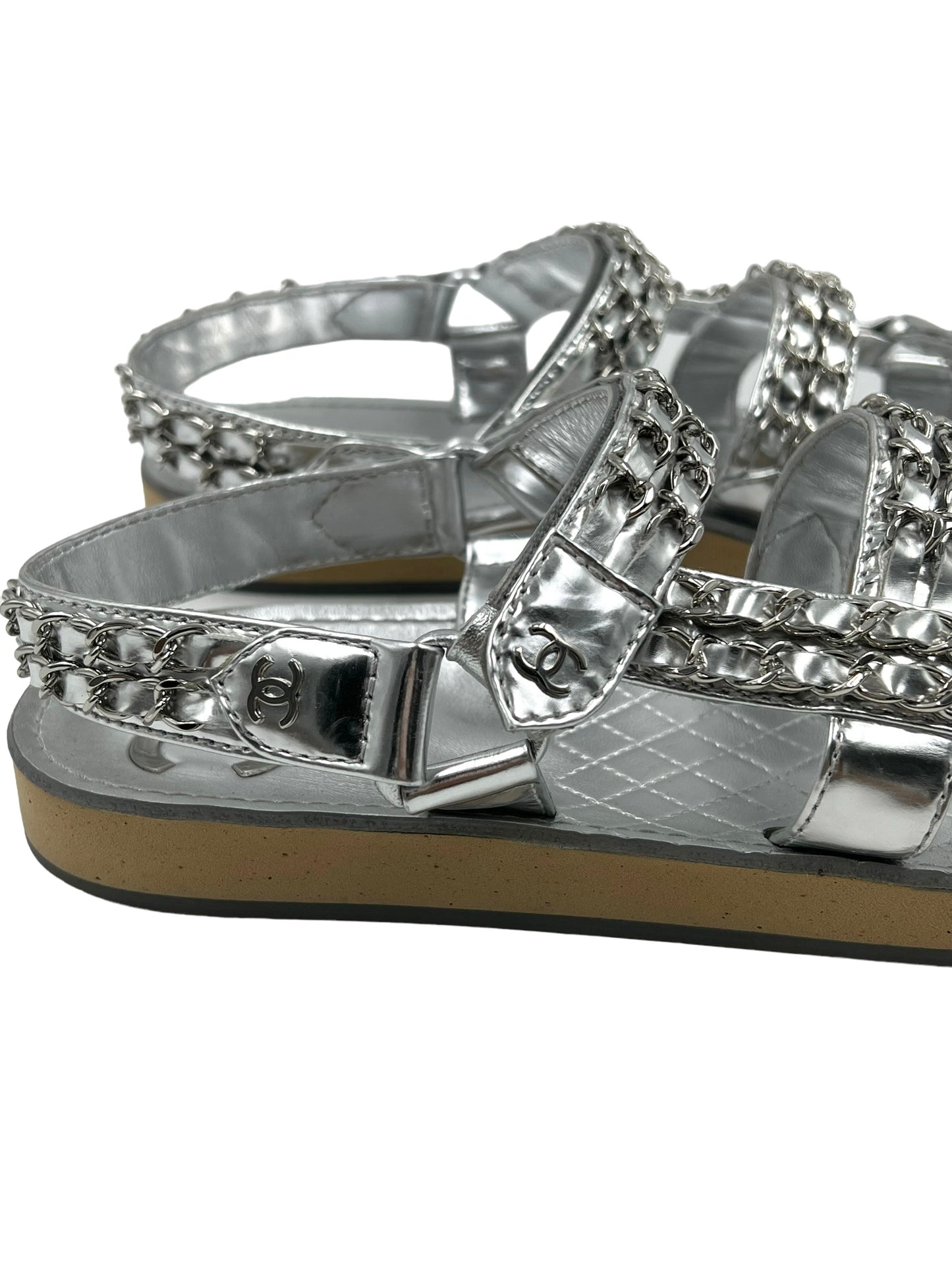 Chanel Size 39.5 Silver Leather Dad Chain Sandals