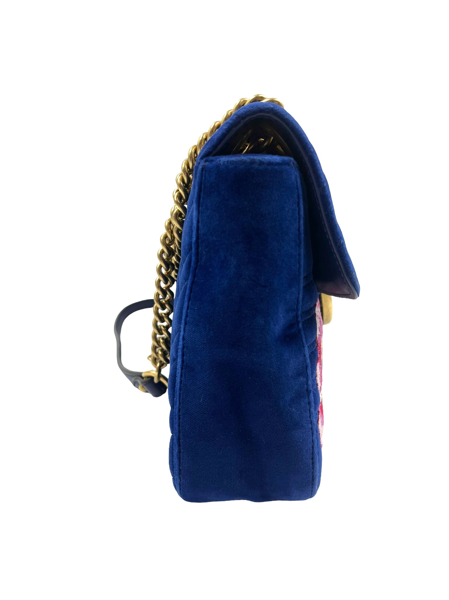 Gucci Blue Velvet Embroidered GG Modern Marmont Shoulder Bag