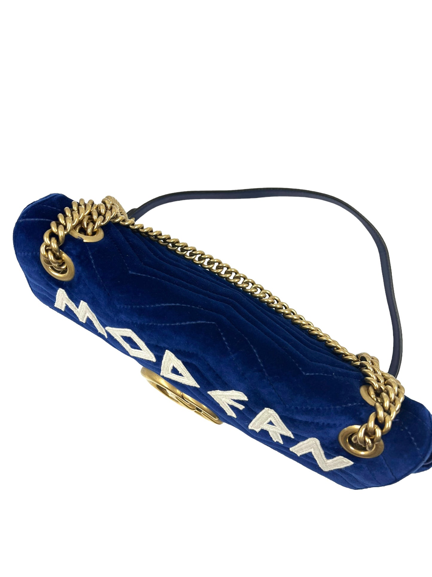 Gucci Blue Velvet Embroidered GG Modern Marmont Shoulder Bag