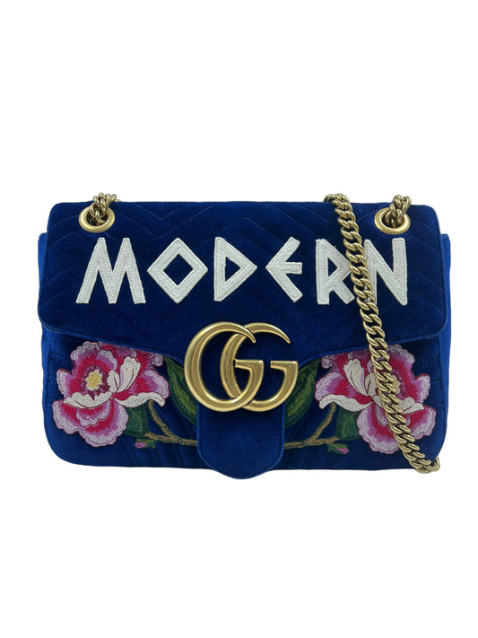 Gucci Blue Velvet Embroidered GG Modern Marmont Shoulder Bag