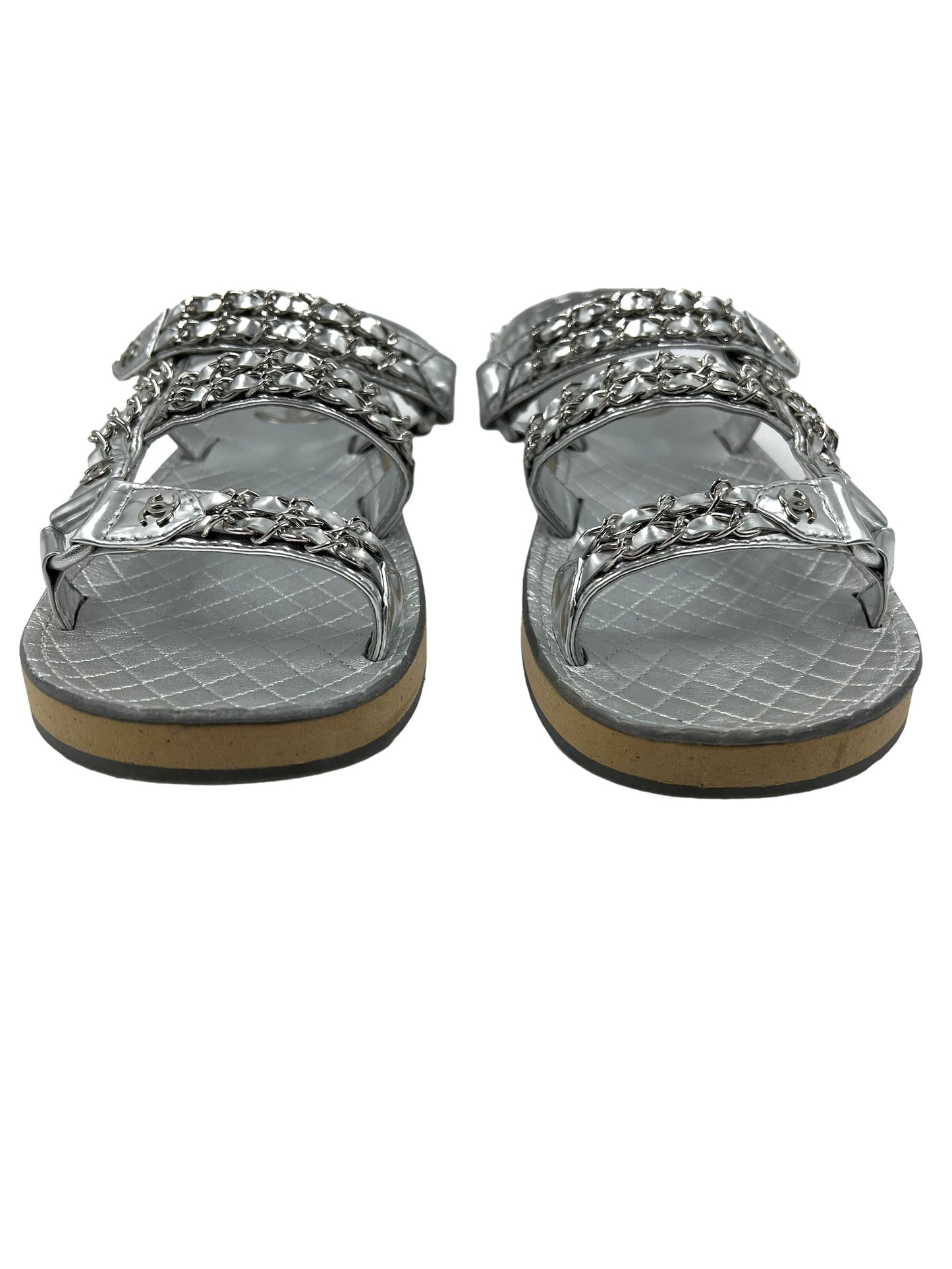 Chanel Size 39.5 Silver Leather Dad Chain Sandals
