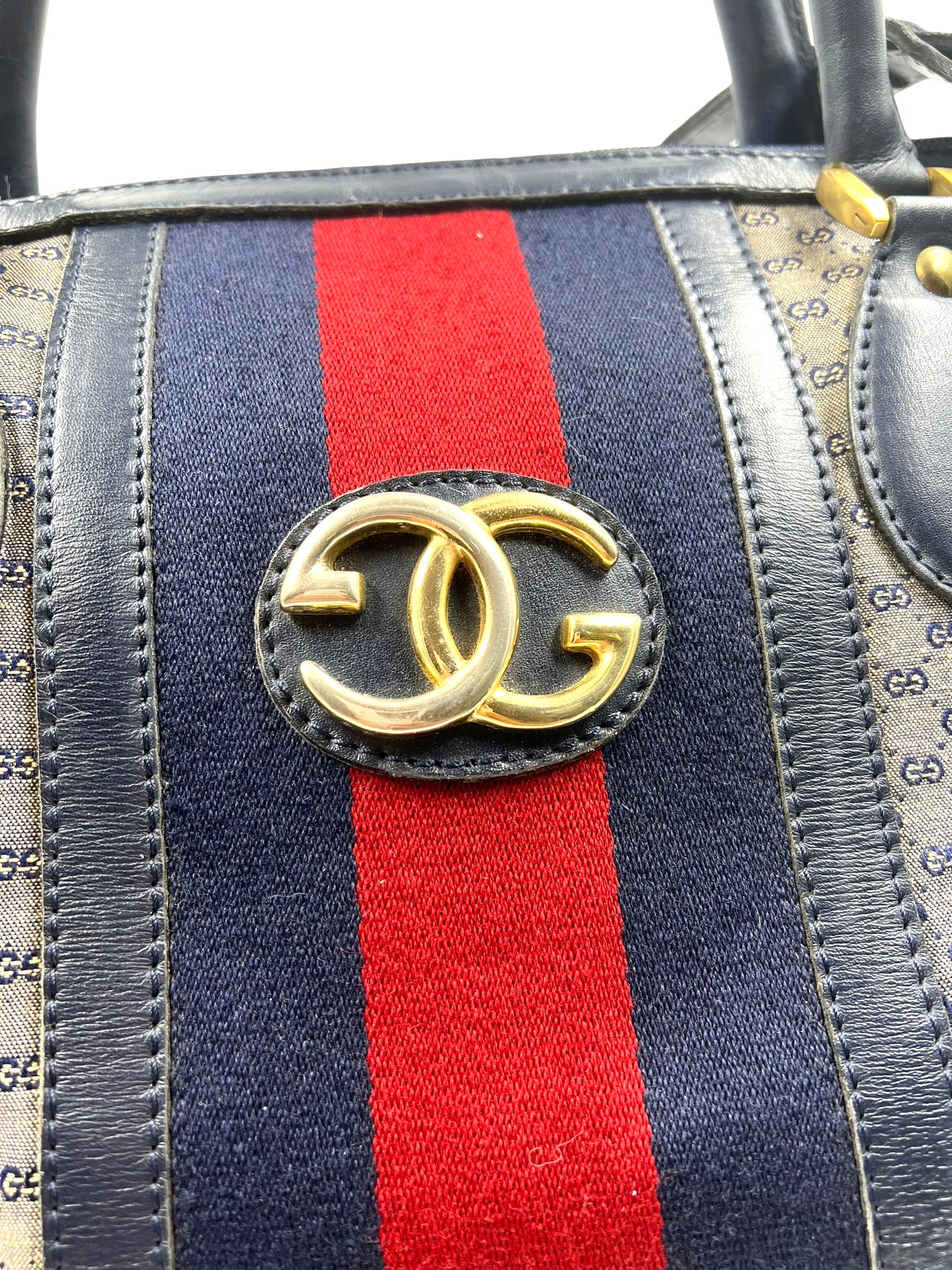 Gucci Vintage 1966 Navy Micro GG 2-Way Large Boston Carryall Duffle