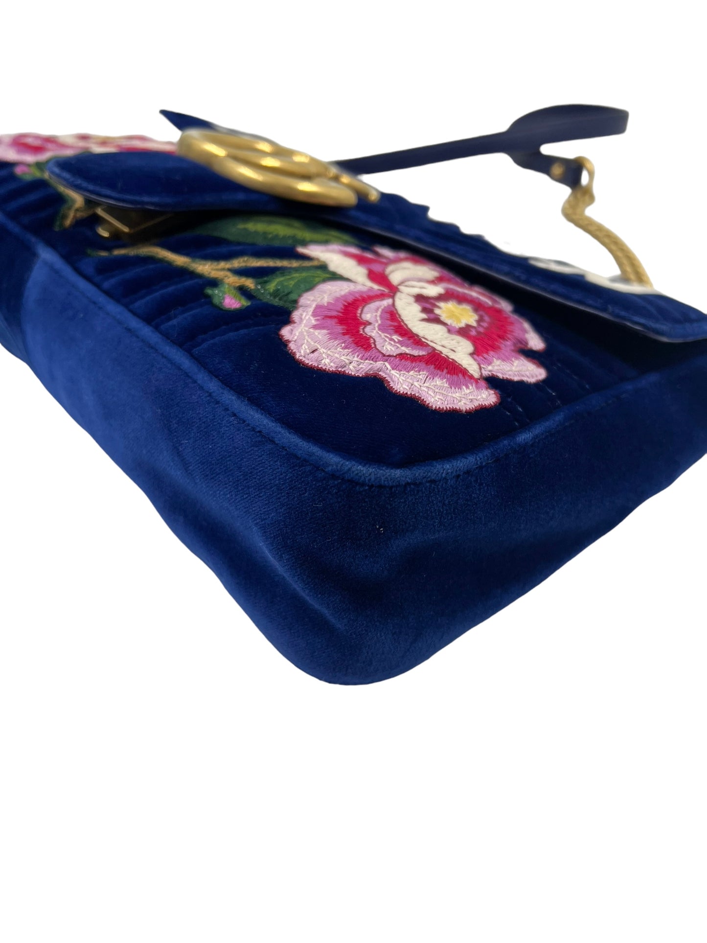 Gucci Blue Velvet Embroidered GG Modern Marmont Shoulder Bag