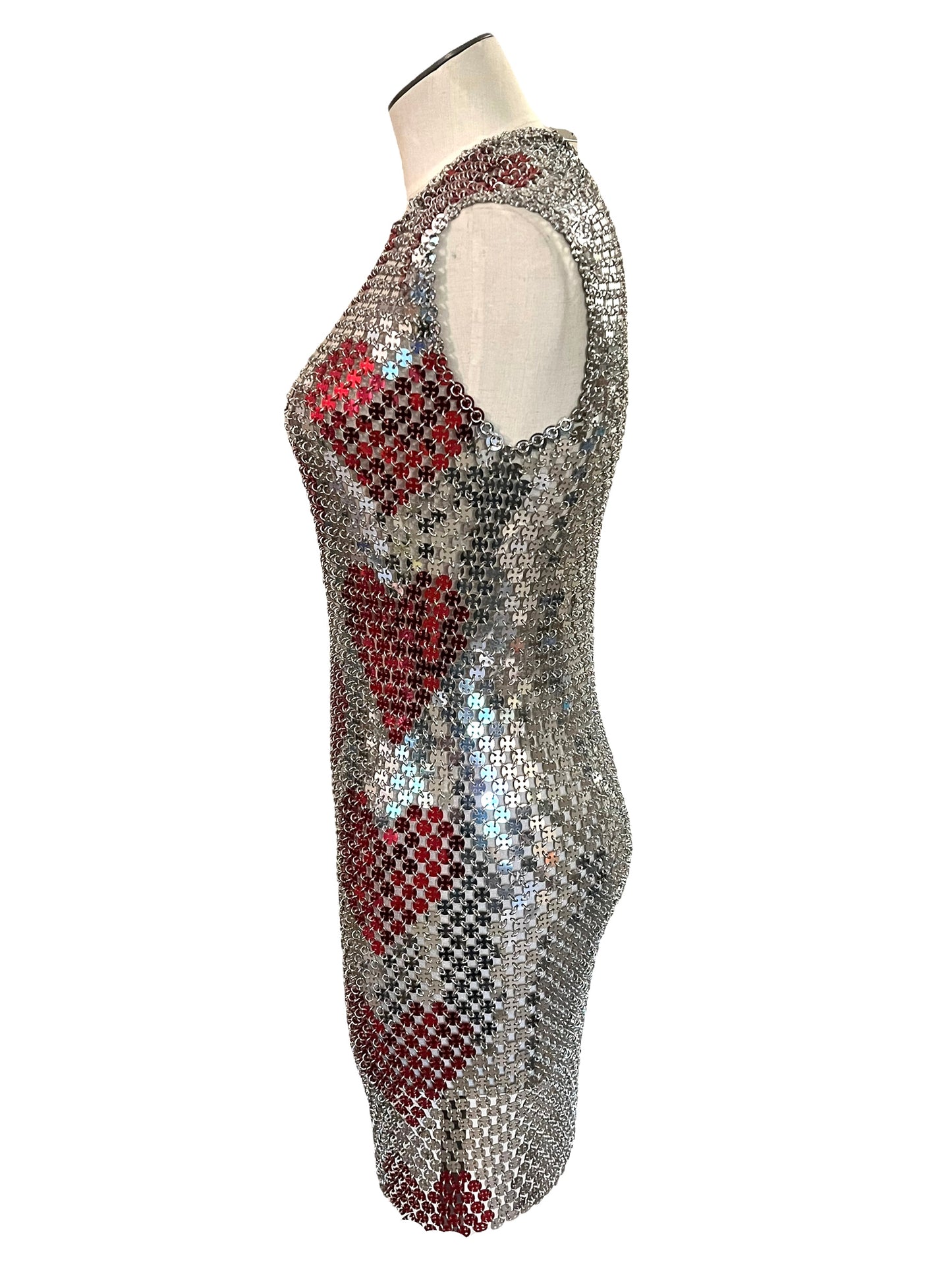 Paco Rabanne Size 42 Silver & Red Chainmail Heart Dress