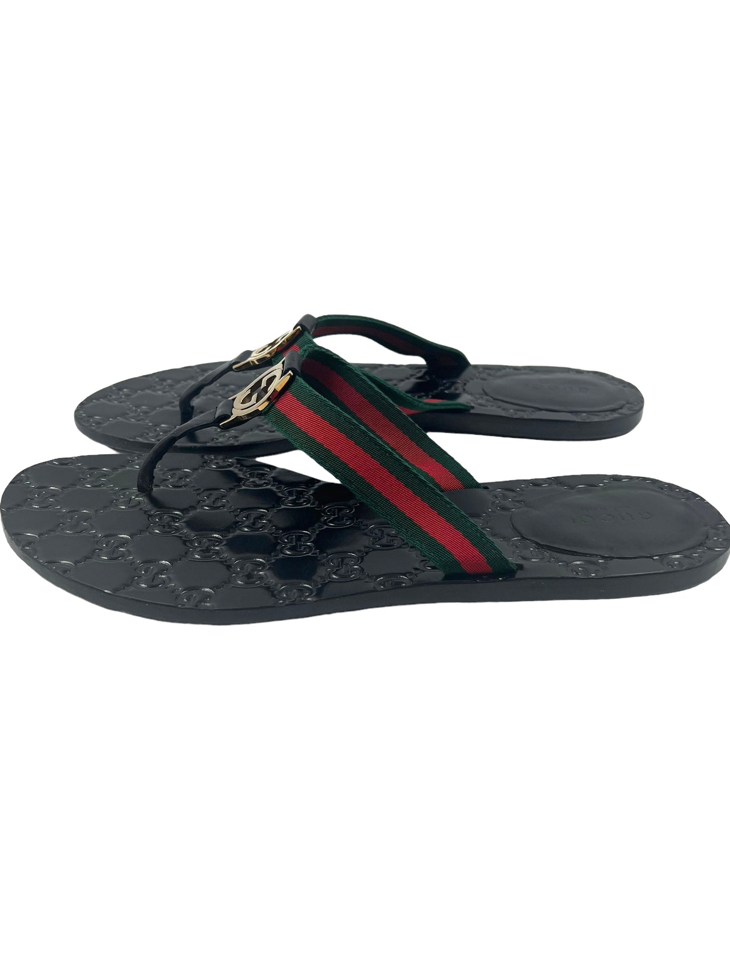 Gucci Size 40.5 Black Leather GG Embossed Thong Sandals