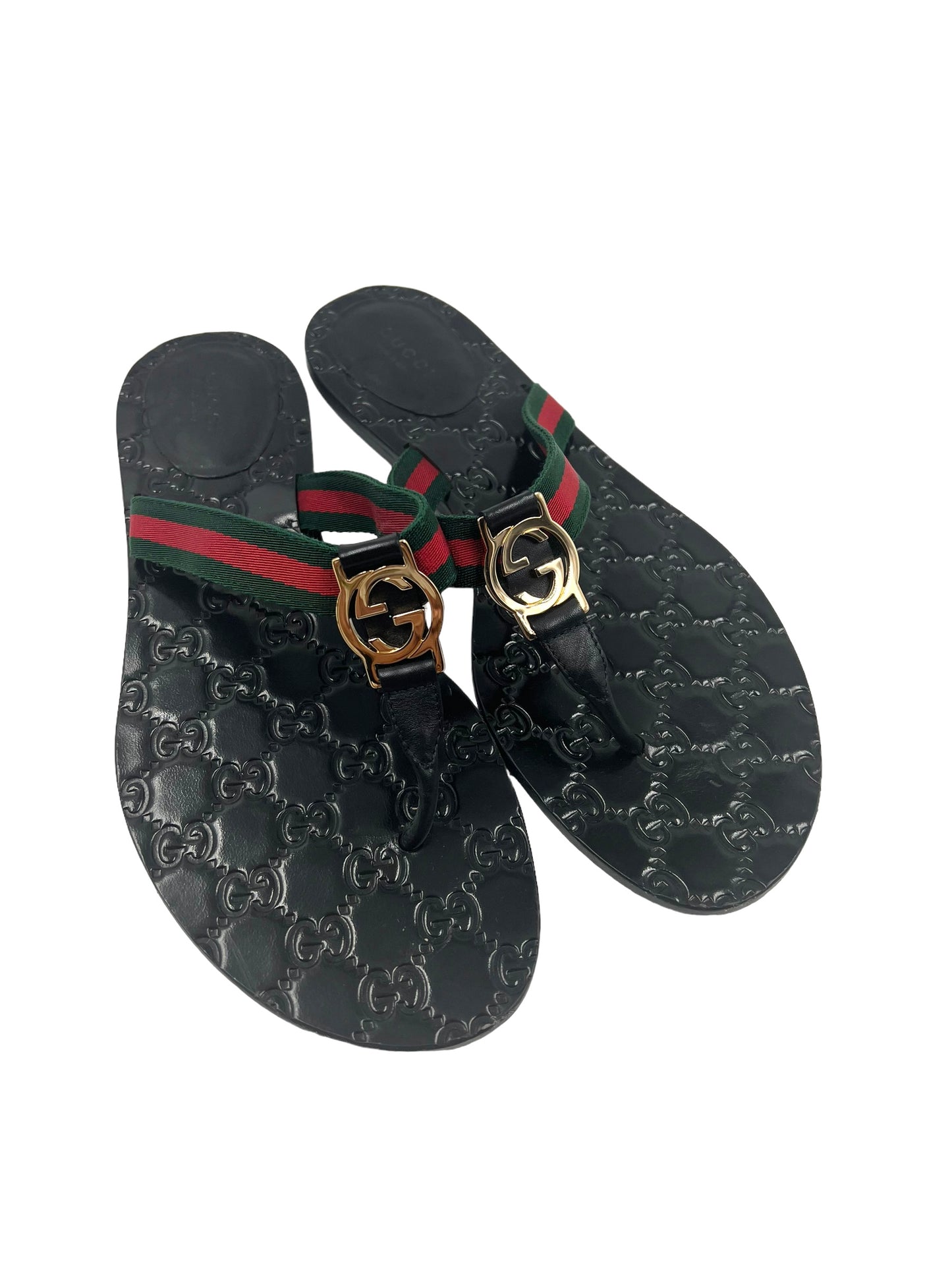 Gucci Size 40.5 Black Leather GG Embossed Thong Sandals