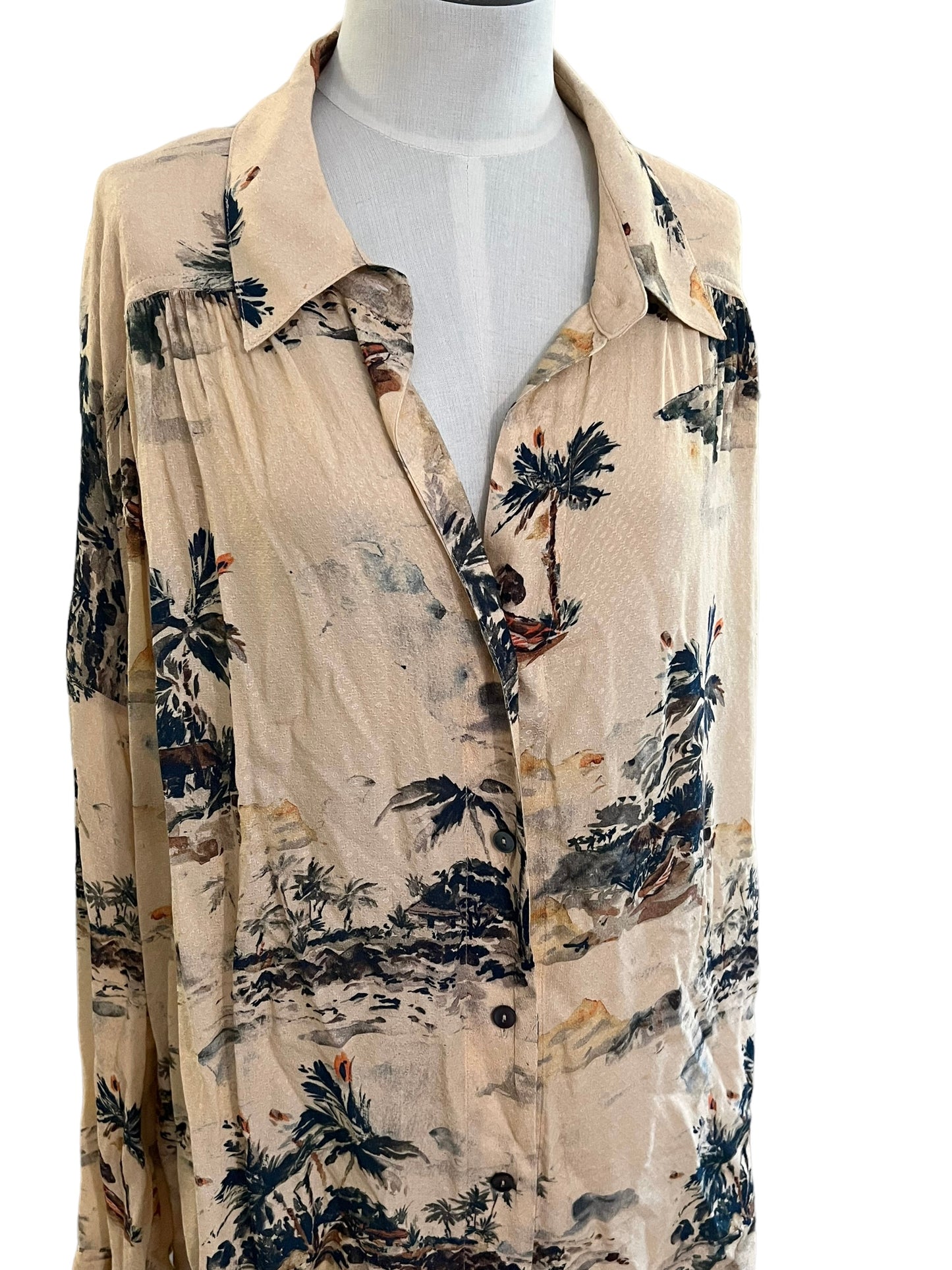 Free People Size L Beige Print Blouse