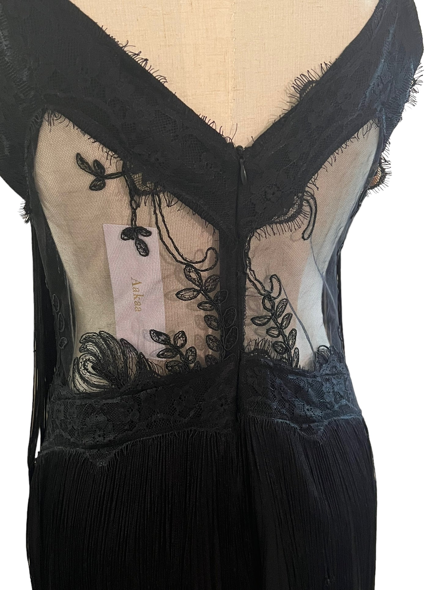 Aakaa Size L Black Fringe Lace Dress