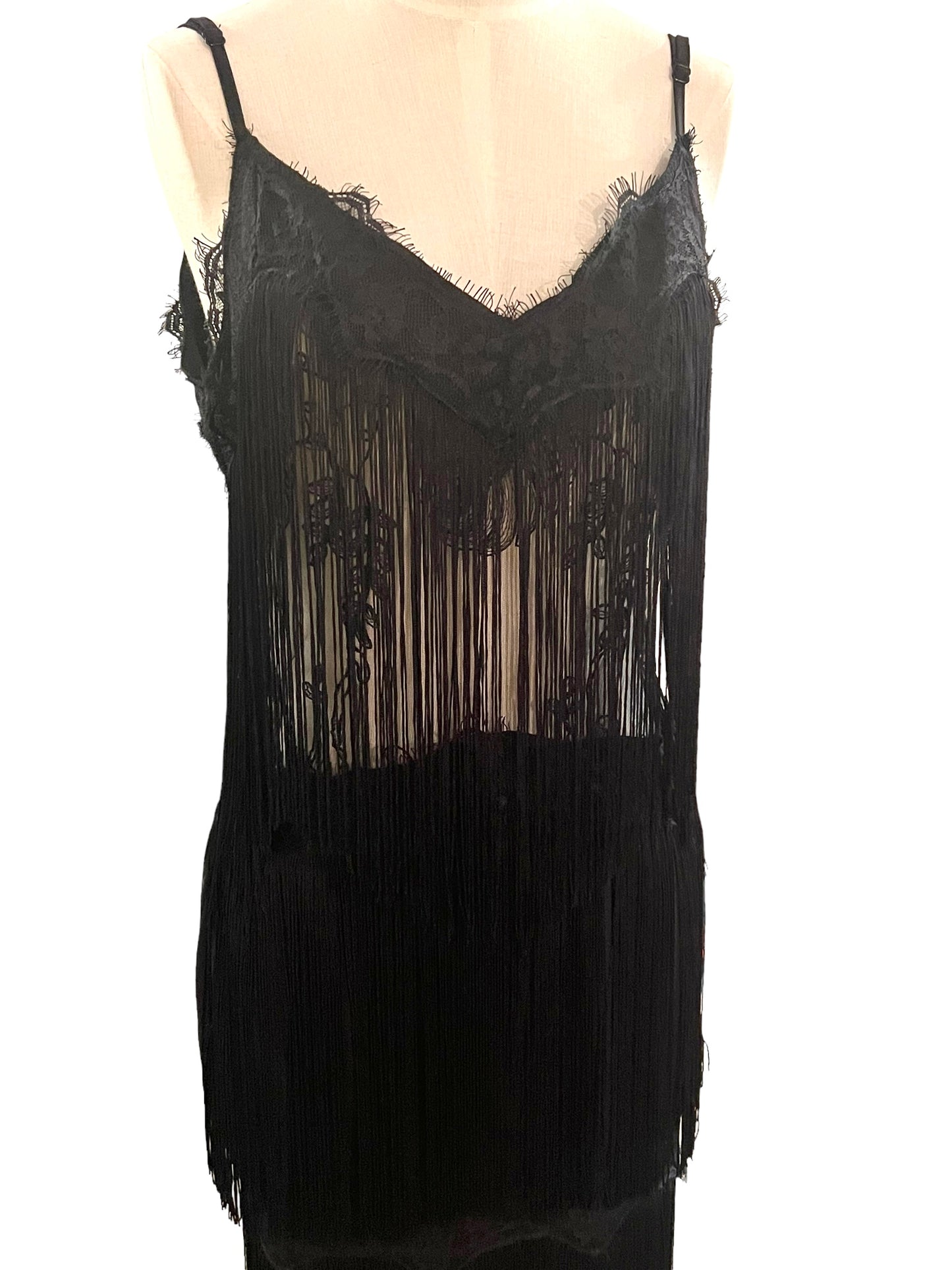 Aakaa Size L Black Fringe Lace Dress