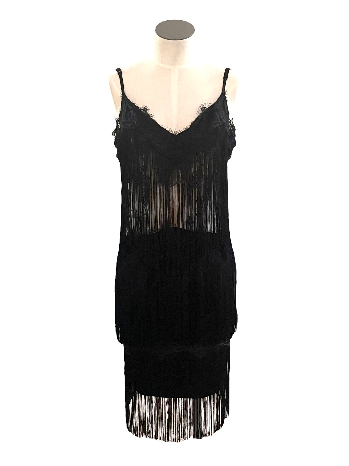 Aakaa Size L Black Fringe Lace Dress