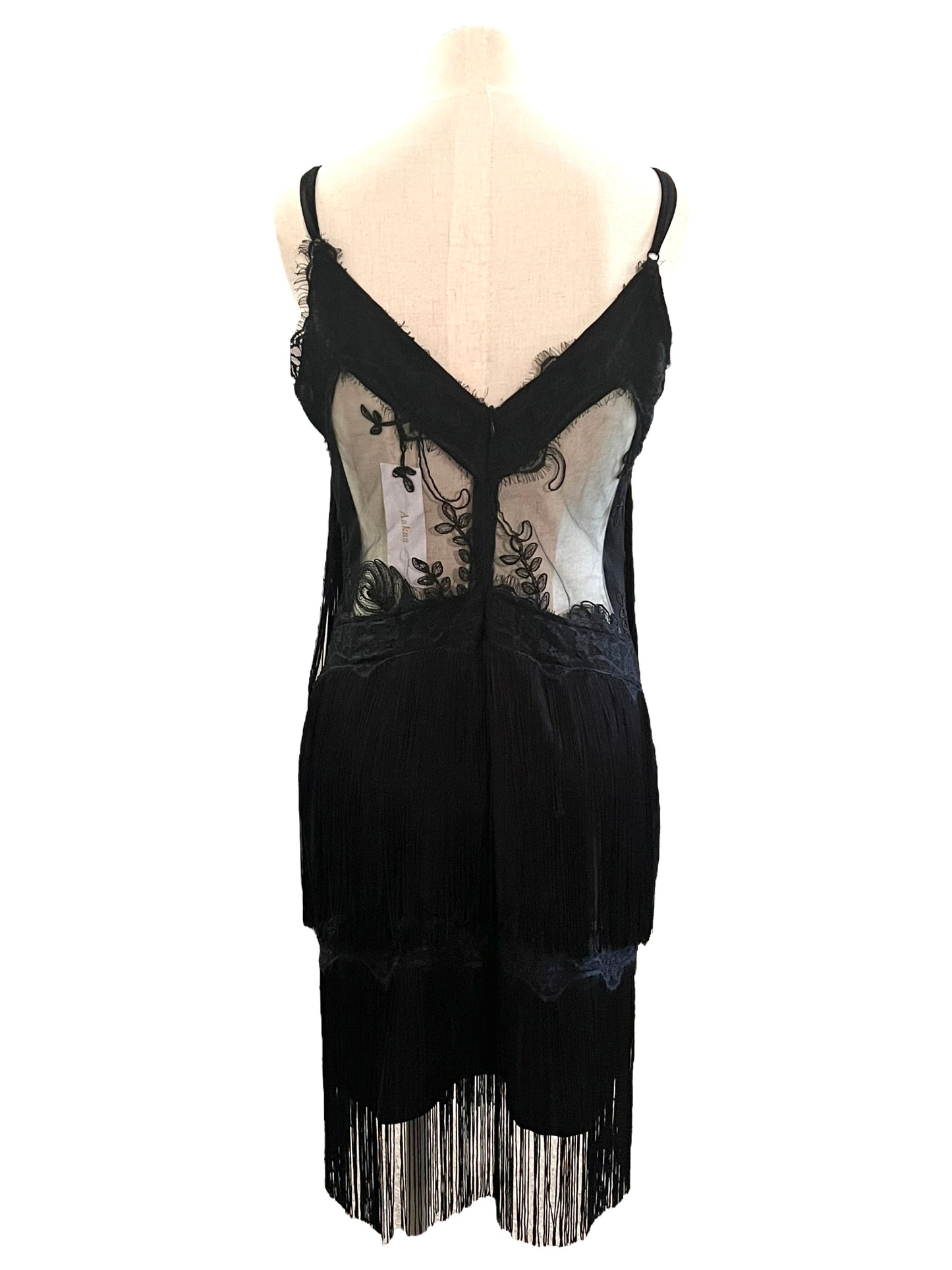 Aakaa Size L Black Fringe Lace Dress