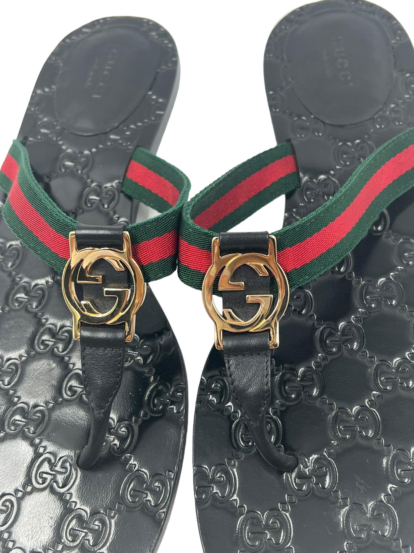 Gucci Size 40.5 Black Leather GG Embossed Thong Sandals