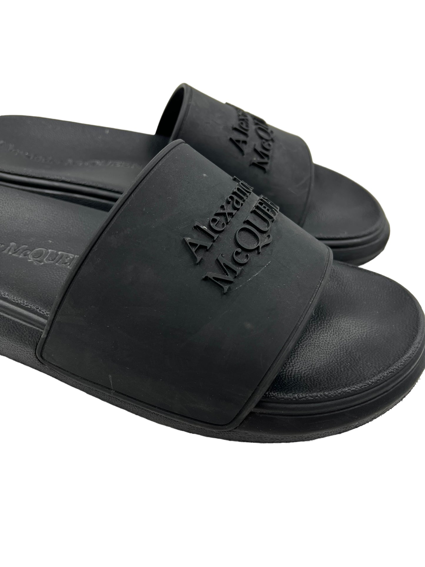 Alexander McQueen Size 40 Black Logo Pool Slides