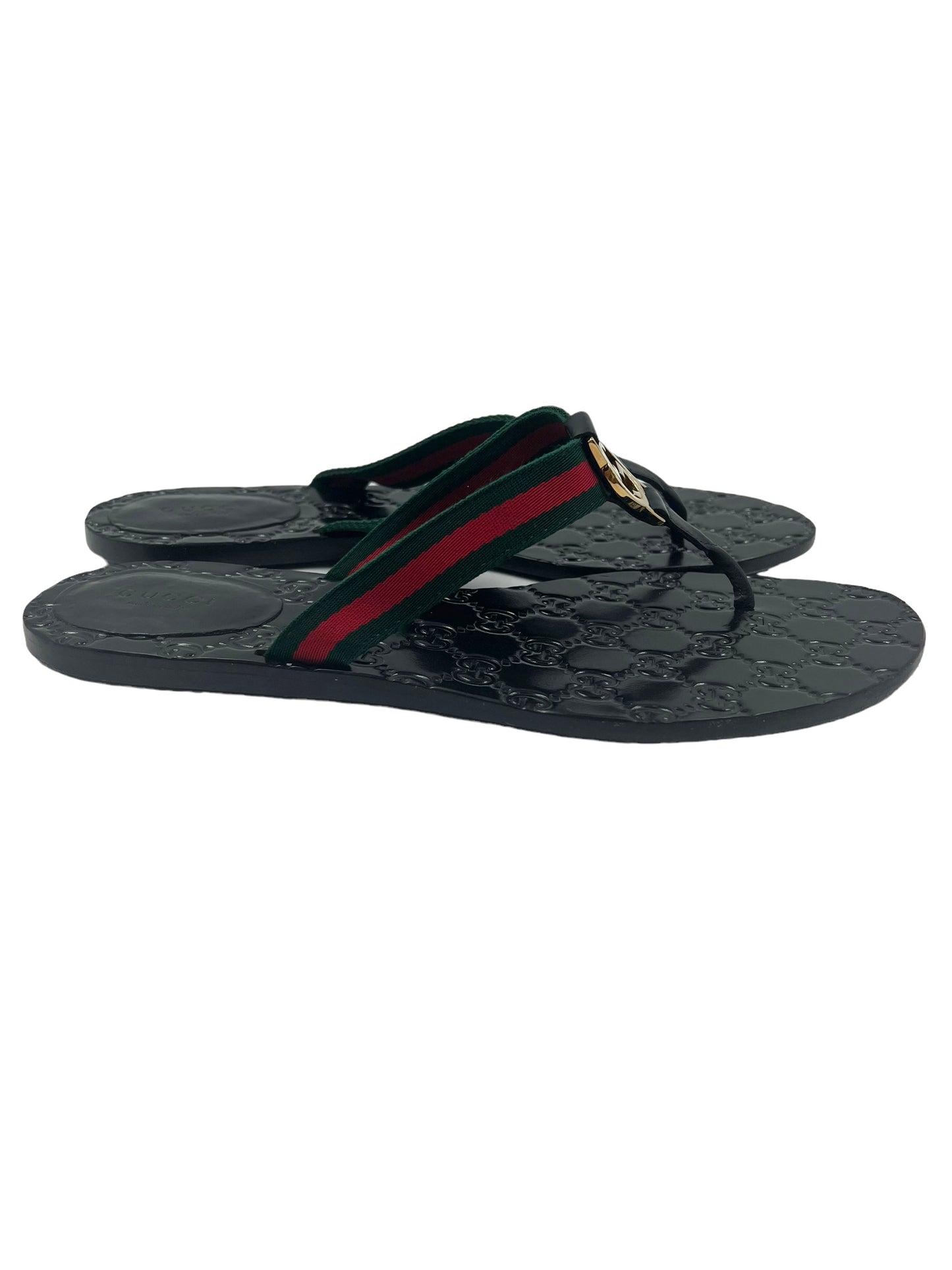 Gucci Size 40.5 Black Leather GG Embossed Thong Sandals