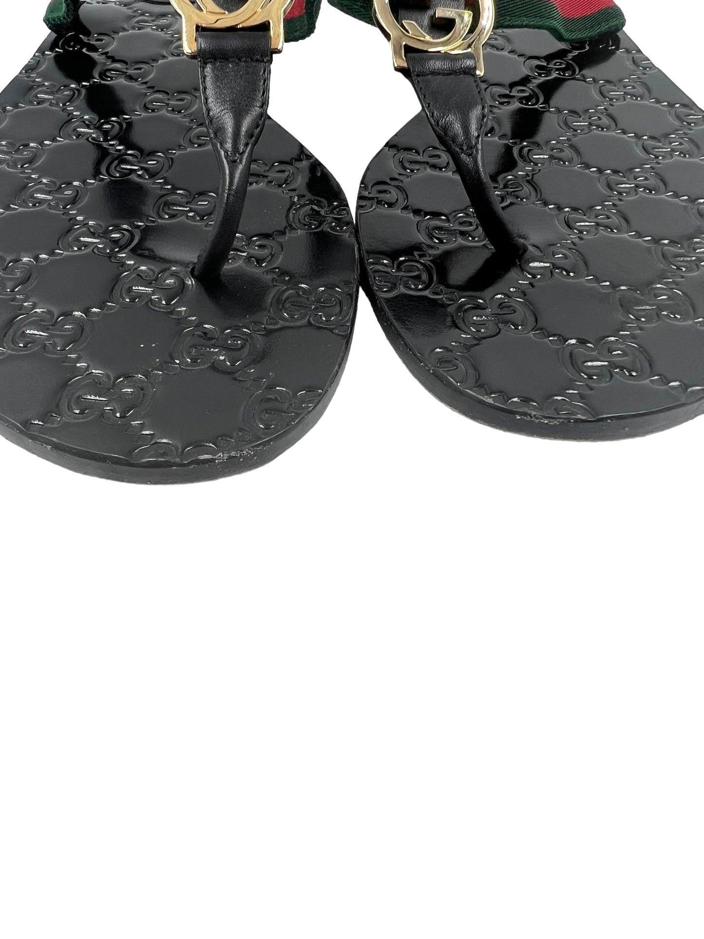Gucci Size 40.5 Black Leather GG Embossed Thong Sandals