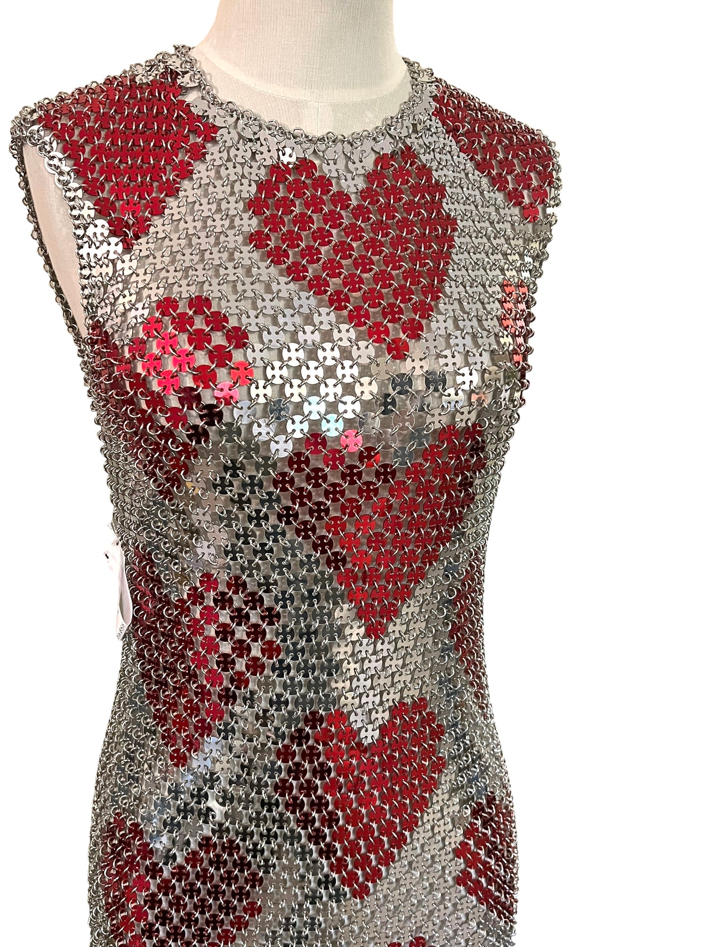 Paco Rabanne Size 42 Silver & Red Chainmail Heart Dress