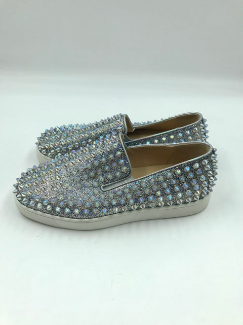 Louboutin Silver Glitter PVC Studded Size 36.5 Slip Ons