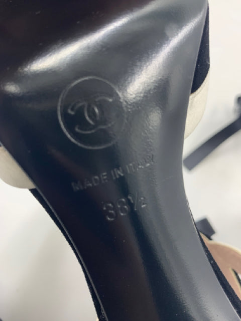 Chanel Black White Velvet/Satin Ankle Tie Size 38.5 Heels
