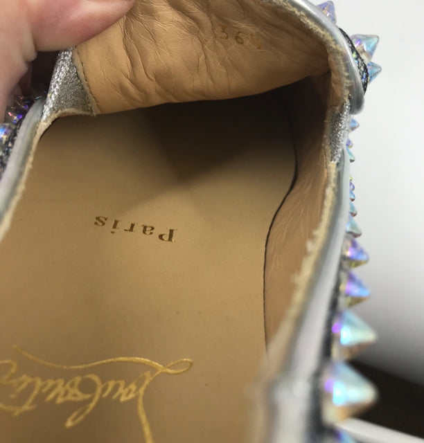 Louboutin Silver Glitter PVC Studded Size 36.5 Slip Ons