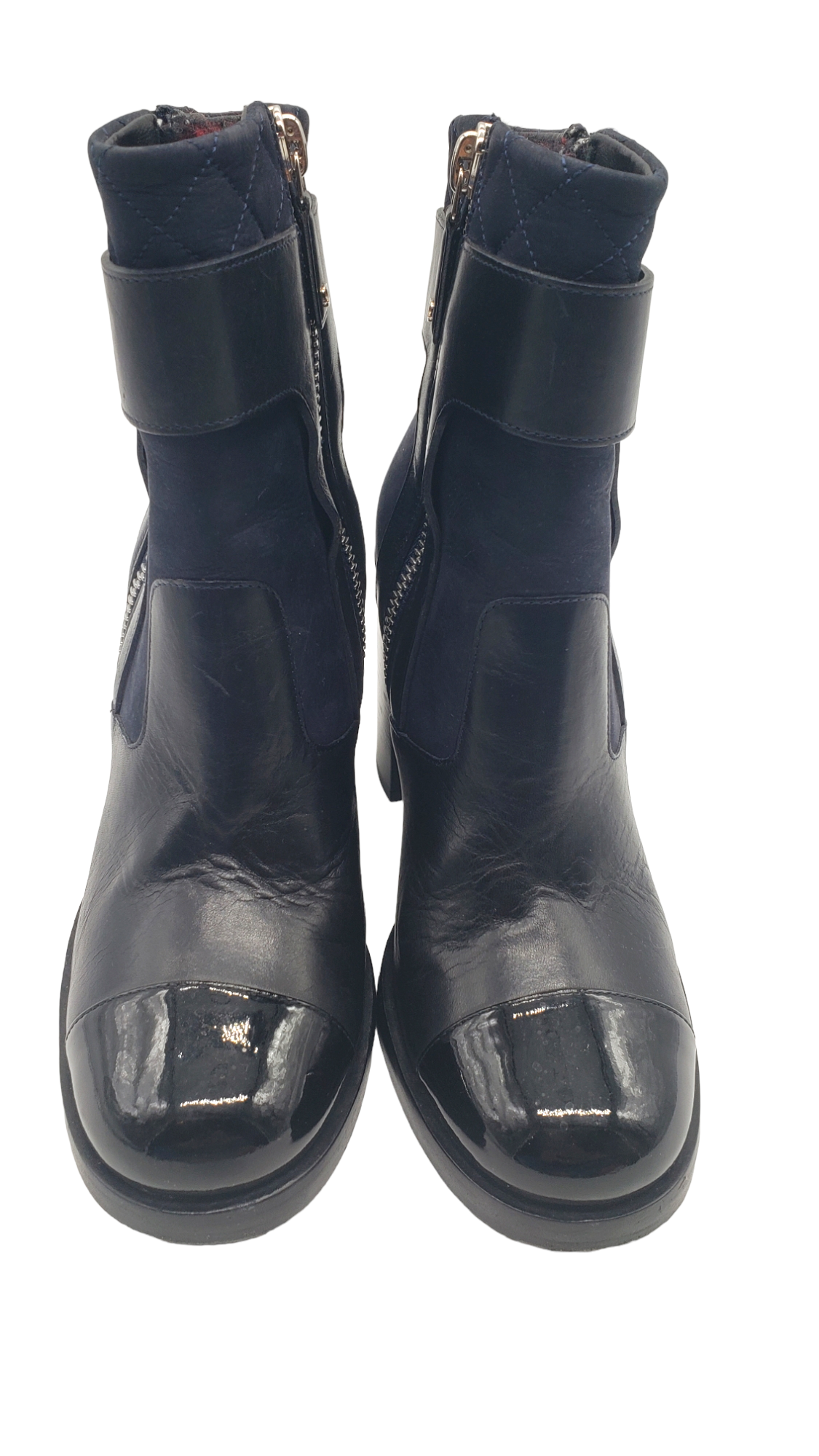 Chanel Black Navy Leather Suede Quilted Size 38 Ankle Boots