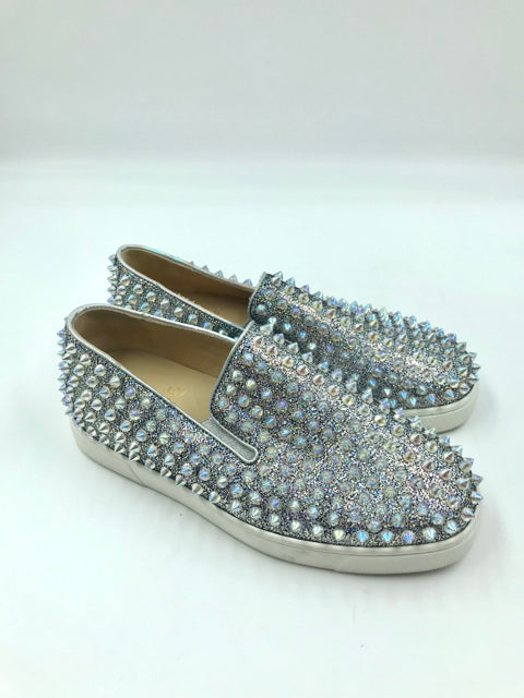 Louboutin Silver Glitter PVC Studded Size 36.5 Slip Ons
