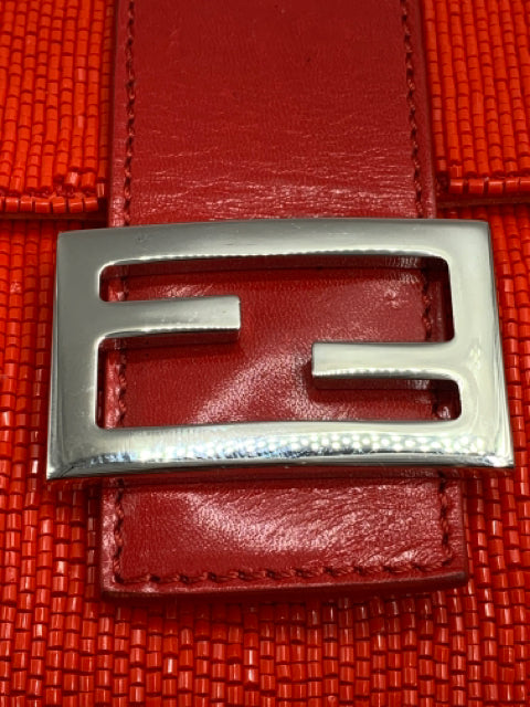 Fendi Red Beaded Baguette Shoulder Bag
